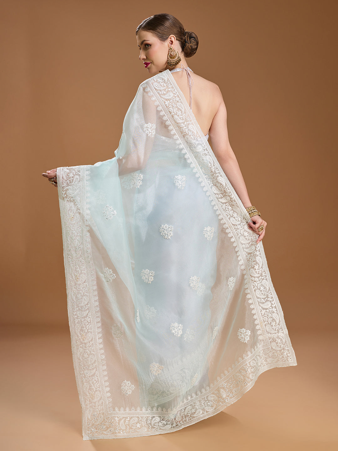 Jyoti Fashion Women's Sky Blue Net Sequins Embroidered Designer Saree with Blouse | Swadesiicart