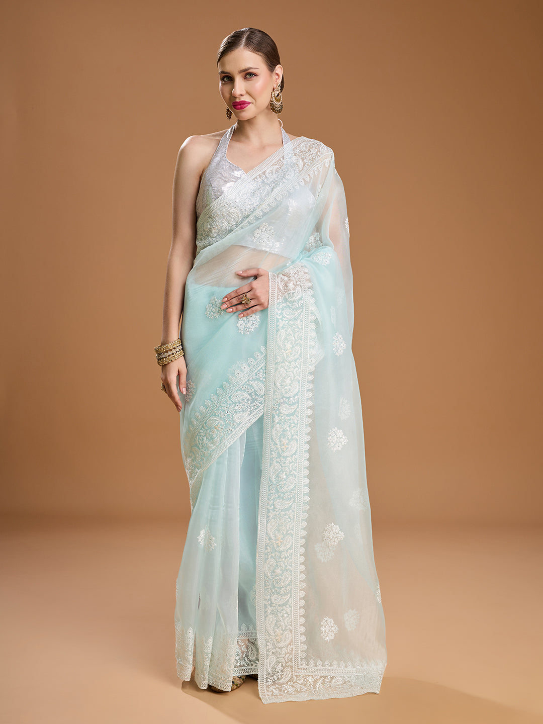 Jyoti Fashion Women's Sky Blue Net Sequins Embroidered Designer Saree with Blouse | Swadesiicart