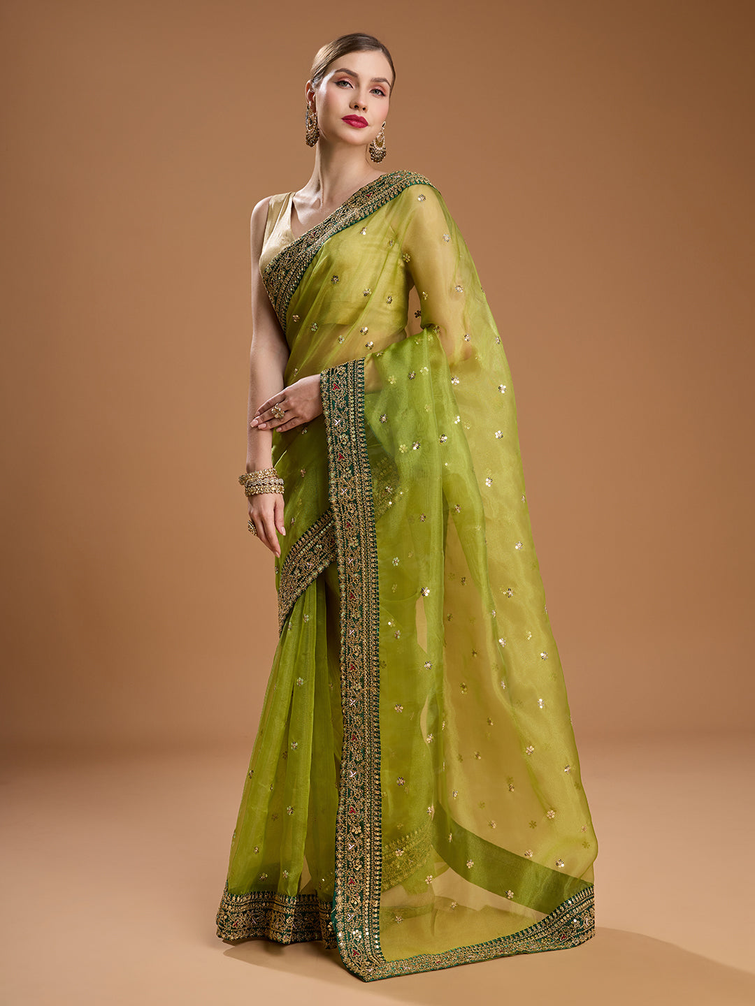 Jyoti Fashion Women's Green Organza Sequins Embroidered Designer Saree with Blouse | Swadesiicart