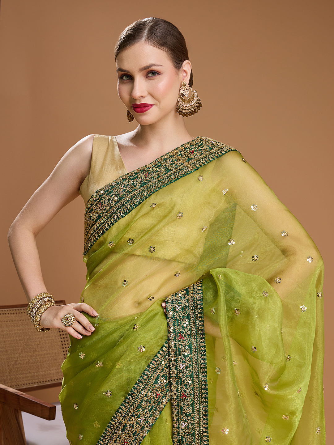 Jyoti Fashion Women's Green Organza Sequins Embroidered Designer Saree with Blouse | Swadesiicart