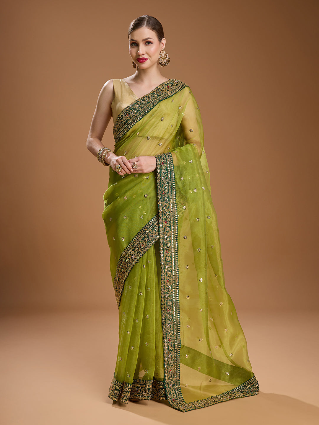 Jyoti Fashion Women's Green Organza Sequins Embroidered Designer Saree with Blouse | Swadesiicart