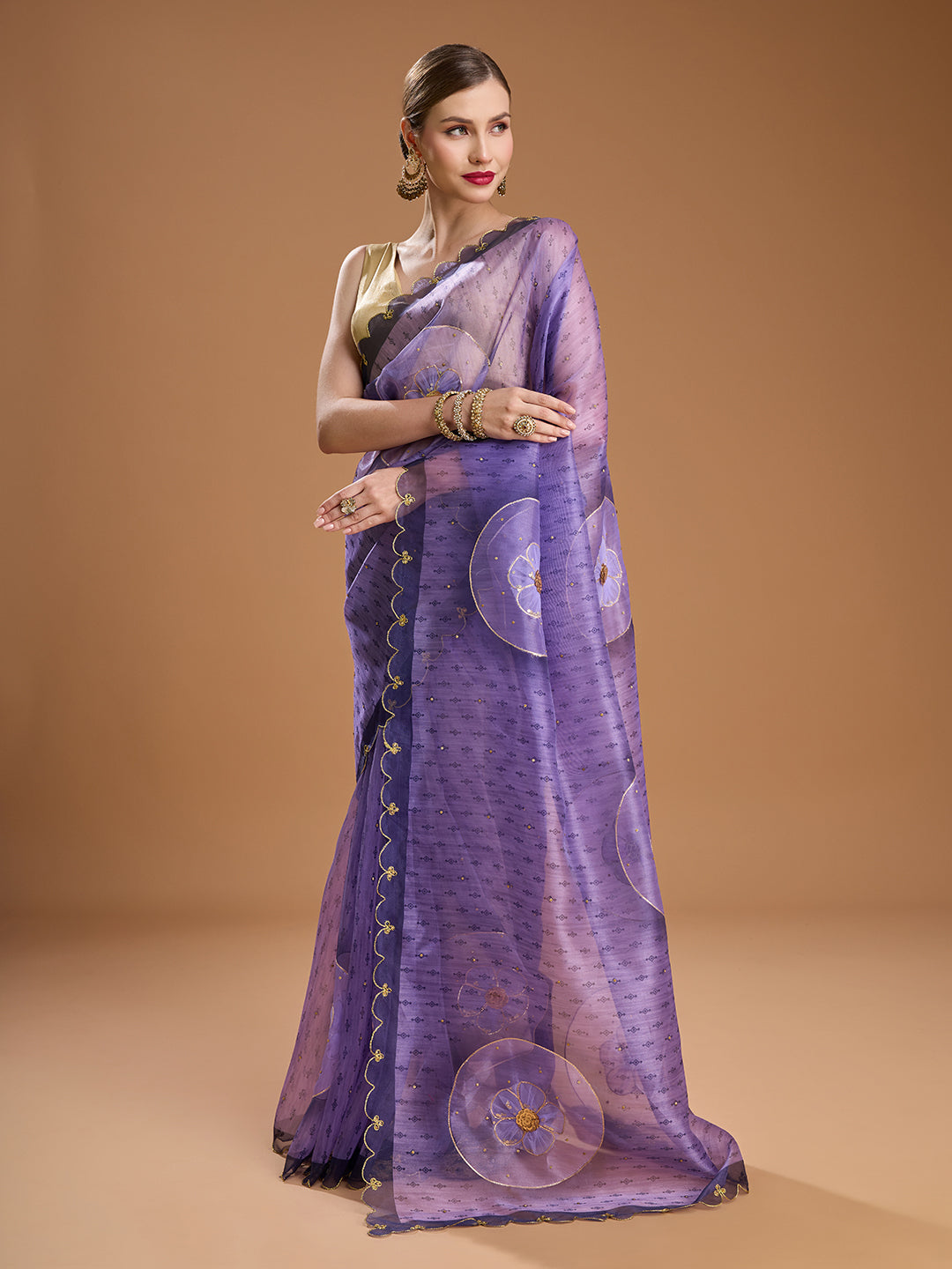Jyoti Fashion Women's Purple Organza Sequins Embroidered Designer Saree with Blouse | Swadesiicart