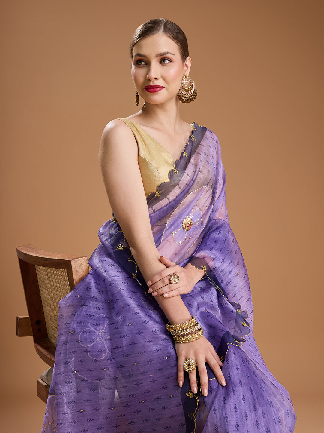 Jyoti Fashion Women's Purple Organza Sequins Embroidered Designer Saree with Blouse | Swadesiicart