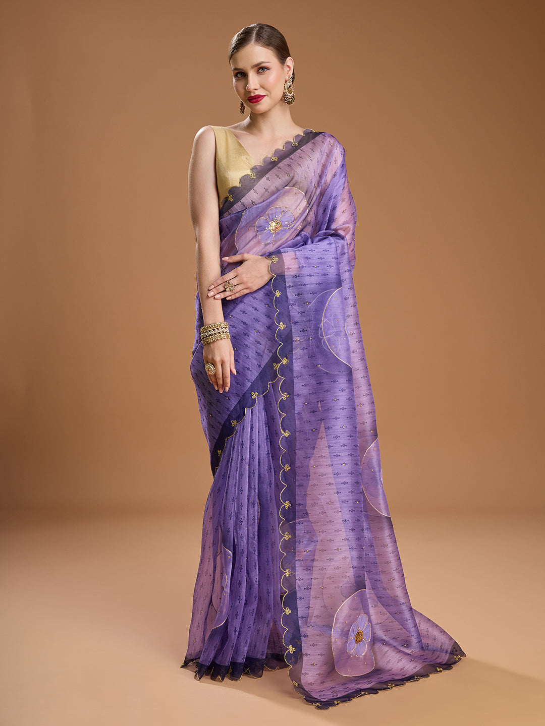Jyoti Fashion Women's Purple Organza Sequins Embroidered Designer Saree with Blouse | Swadesiicart