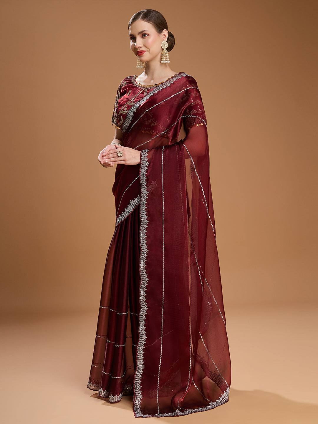 Jyoti Fashion Women's Brown Jimmy Choo Sequins Embroidered Designer Saree with Blouse | Swadesiicart