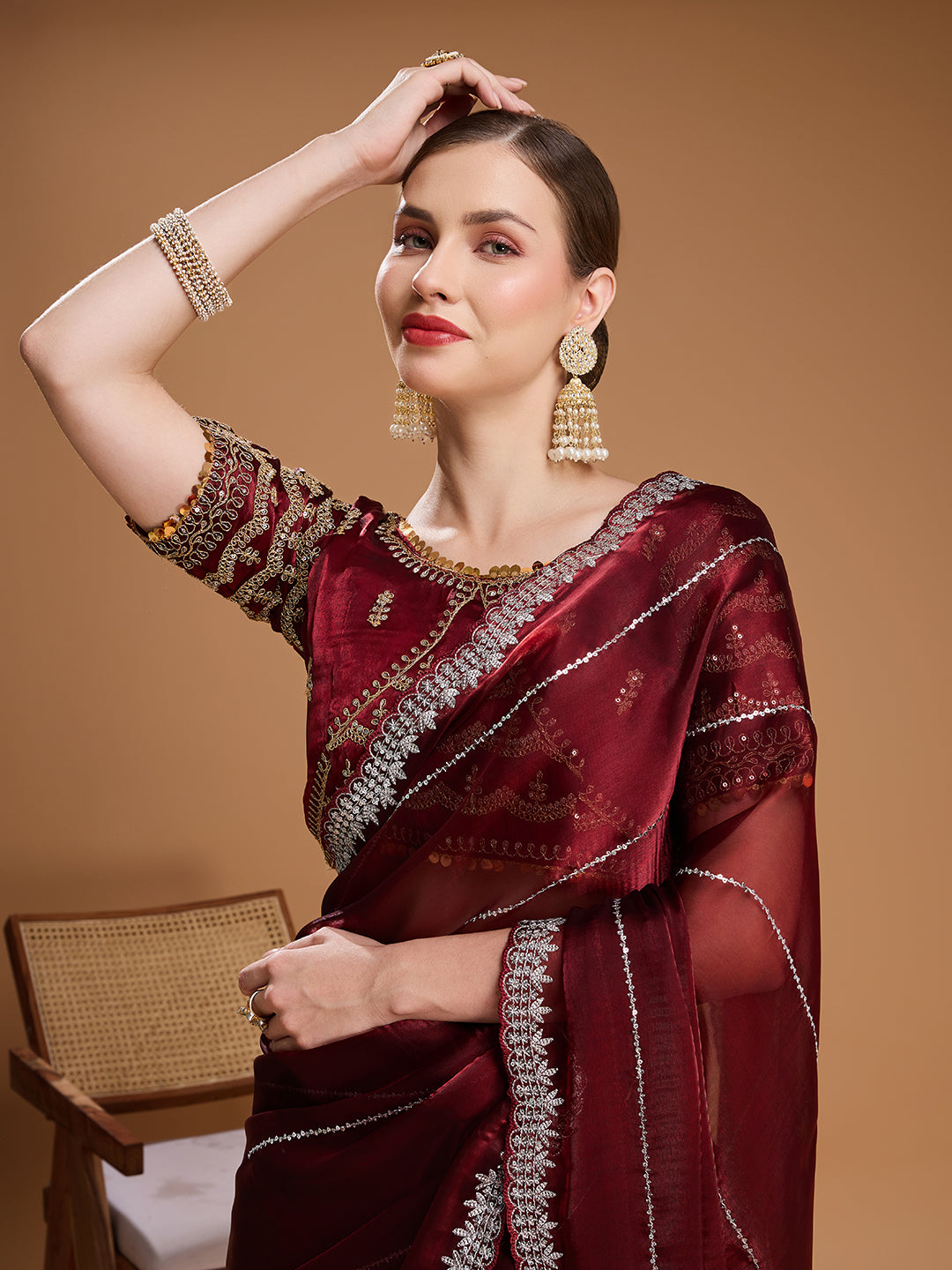 Jyoti Fashion Women's Brown Jimmy Choo Sequins Embroidered Designer Saree with Blouse | Swadesiicart