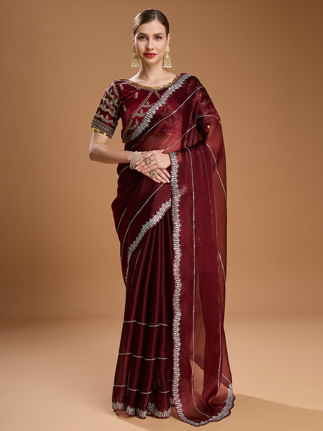 Jyoti Fashion Women's Brown Jimmy Choo Sequins Embroidered Designer Saree with Blouse | Swadesiicart