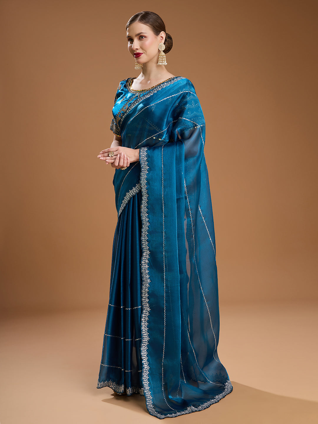 Jyoti Fashion Women's Teal Jimmy Choo Sequins Embroidered Designer Saree with Blouse | Swadesiicart