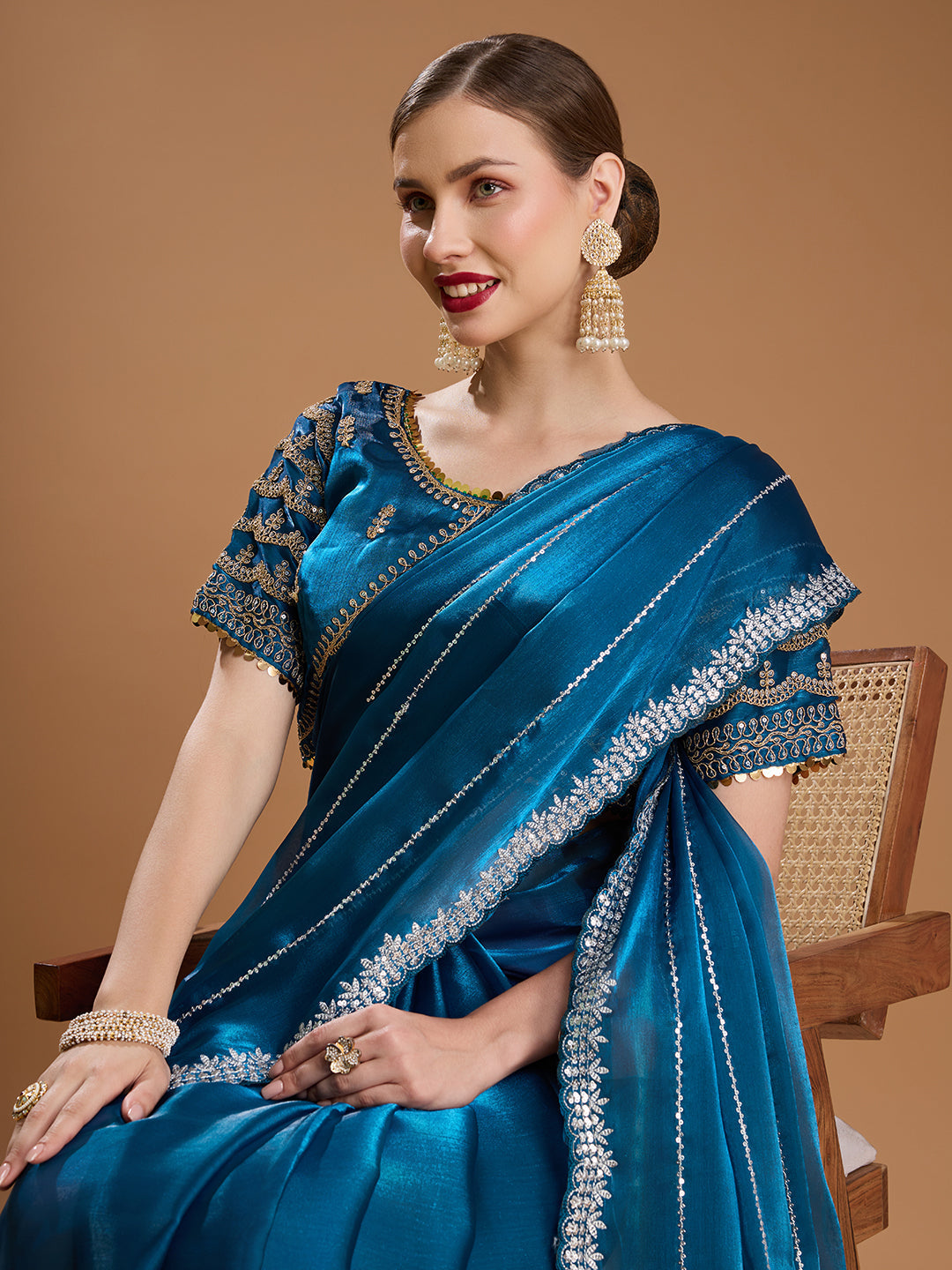 Jyoti Fashion Women's Teal Jimmy Choo Sequins Embroidered Designer Saree with Blouse | Swadesiicart