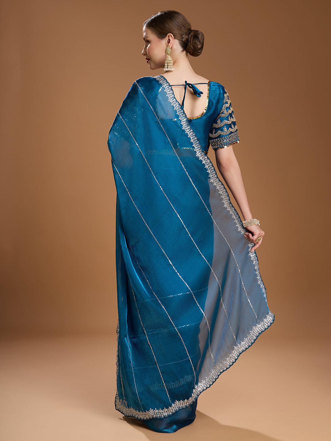 Jyoti Fashion Women's Teal Jimmy Choo Sequins Embroidered Designer Saree with Blouse | Swadesiicart