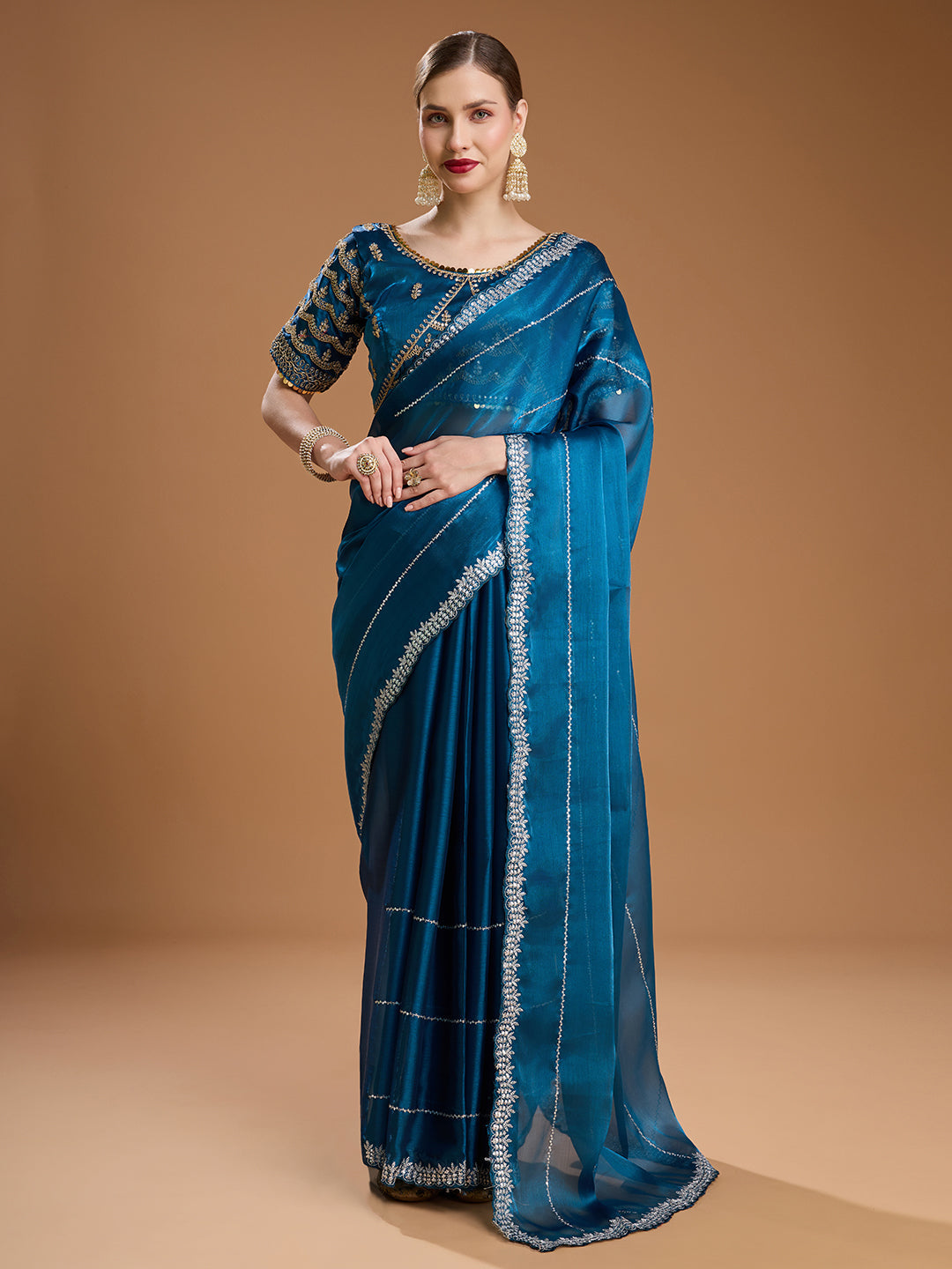 Jyoti Fashion Women's Teal Jimmy Choo Sequins Embroidered Designer Saree with Blouse | Swadesiicart