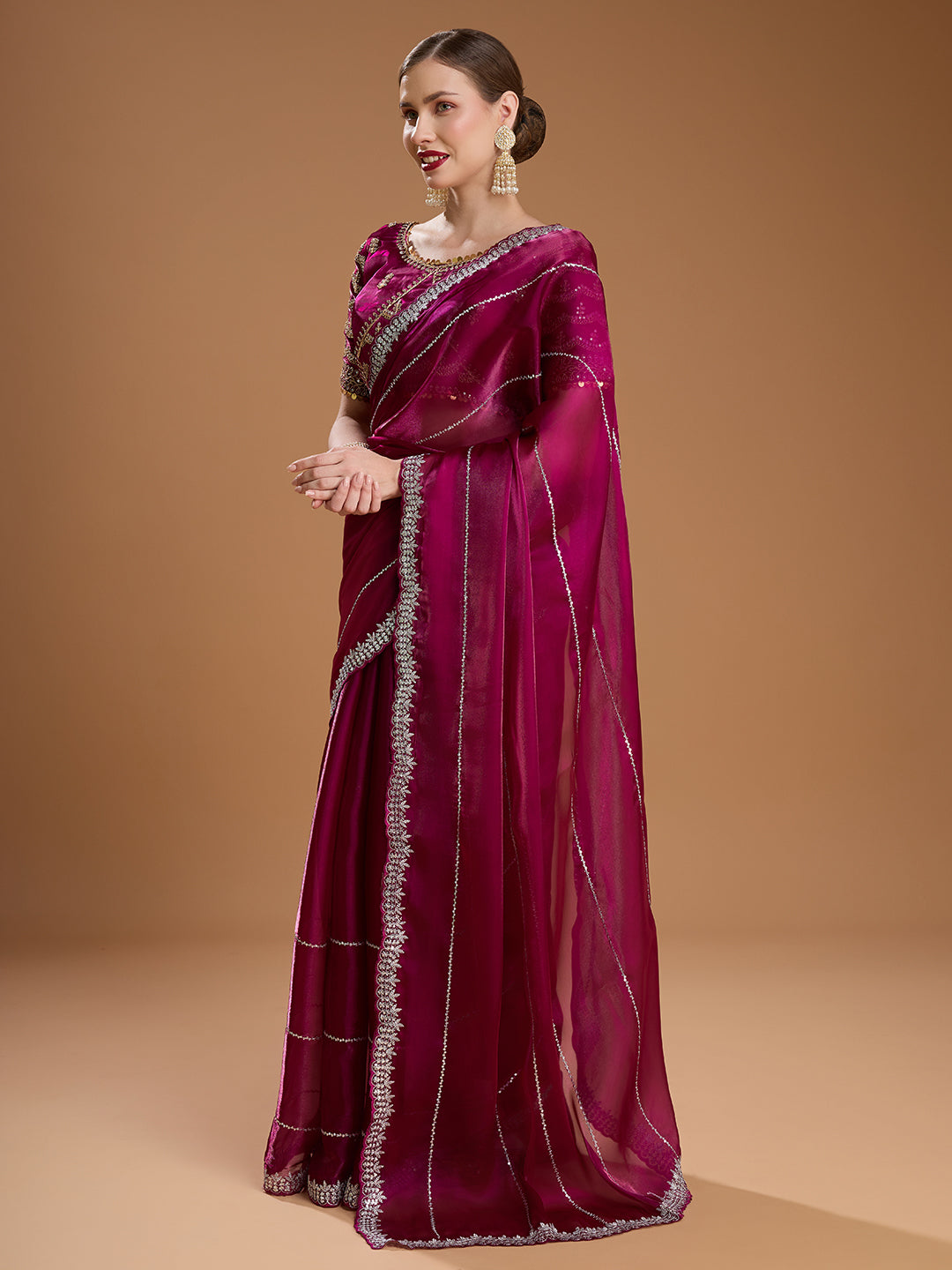 Jyoti Fashion Women's Wine Jimmy Choo Sequins Embroidered Designer Saree with Blouse | Swadesiicart