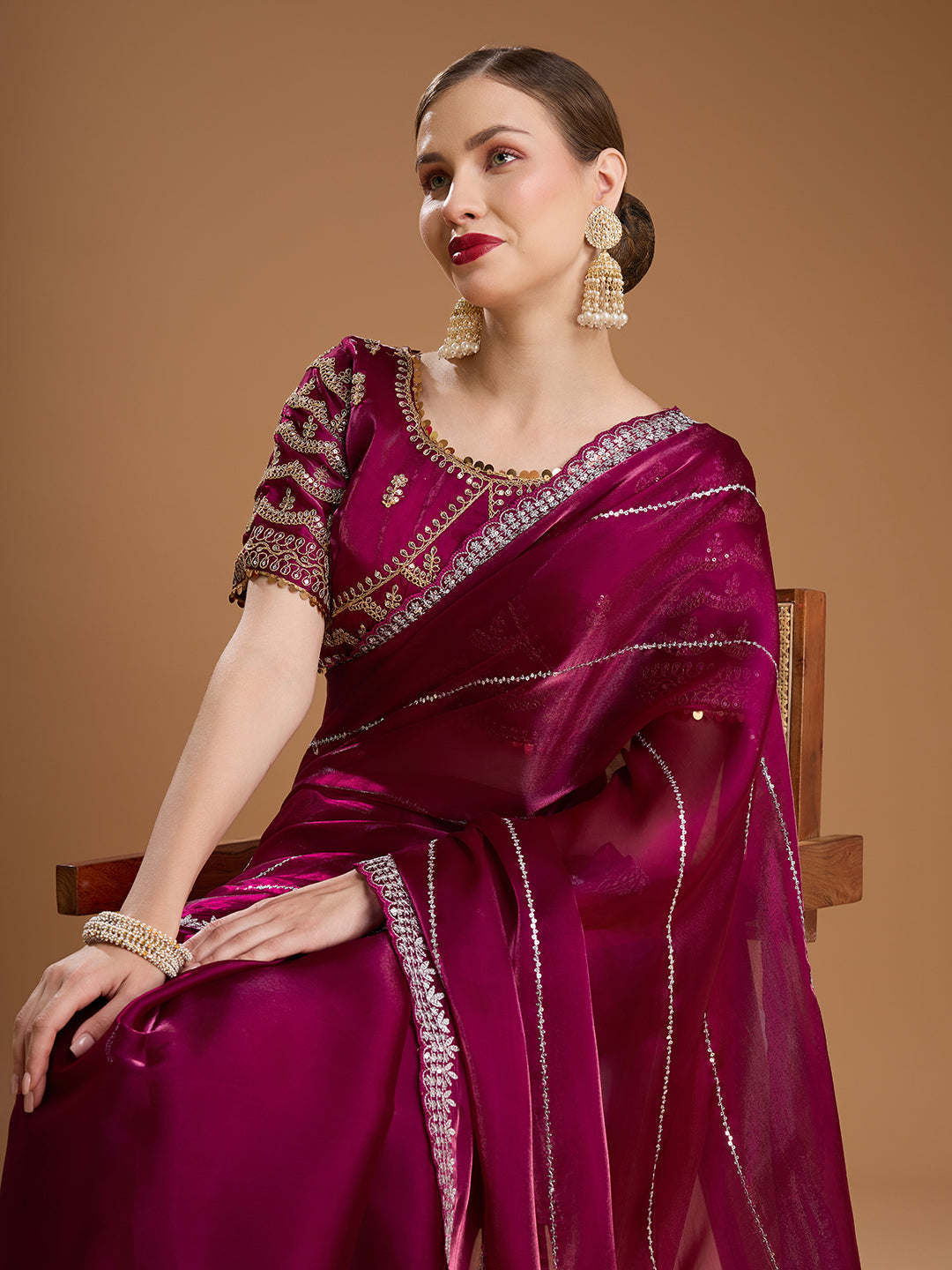 Jyoti Fashion Women's Wine Jimmy Choo Sequins Embroidered Designer Saree with Blouse | Swadesiicart