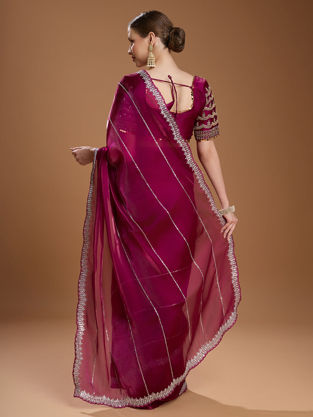 Jyoti Fashion Women's Wine Jimmy Choo Sequins Embroidered Designer Saree with Blouse | Swadesiicart