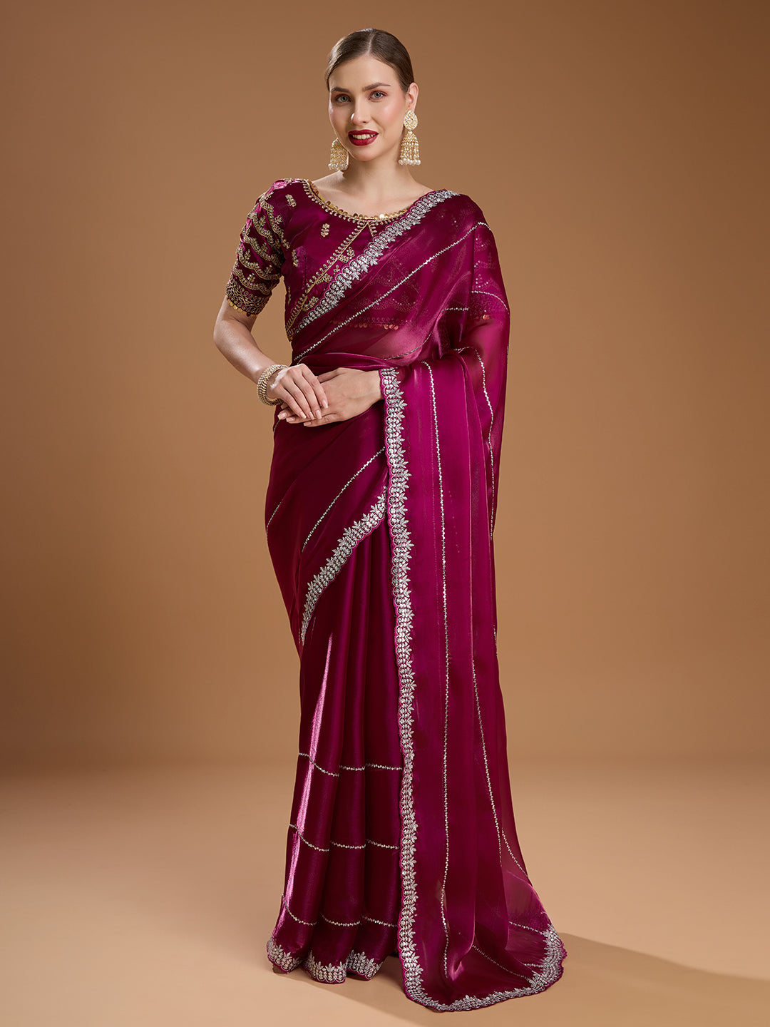 Jyoti Fashion Women's Wine Jimmy Choo Sequins Embroidered Designer Saree with Blouse | Swadesiicart