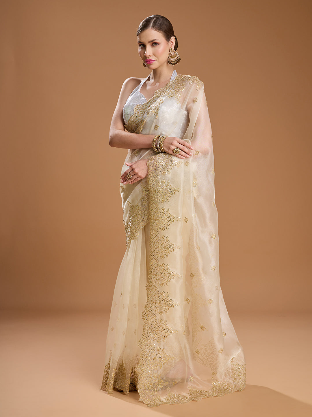 Jyoti Fashion Women's Cream Net Sequins Embroidered Designer Saree with Blouse | Swadesiicart