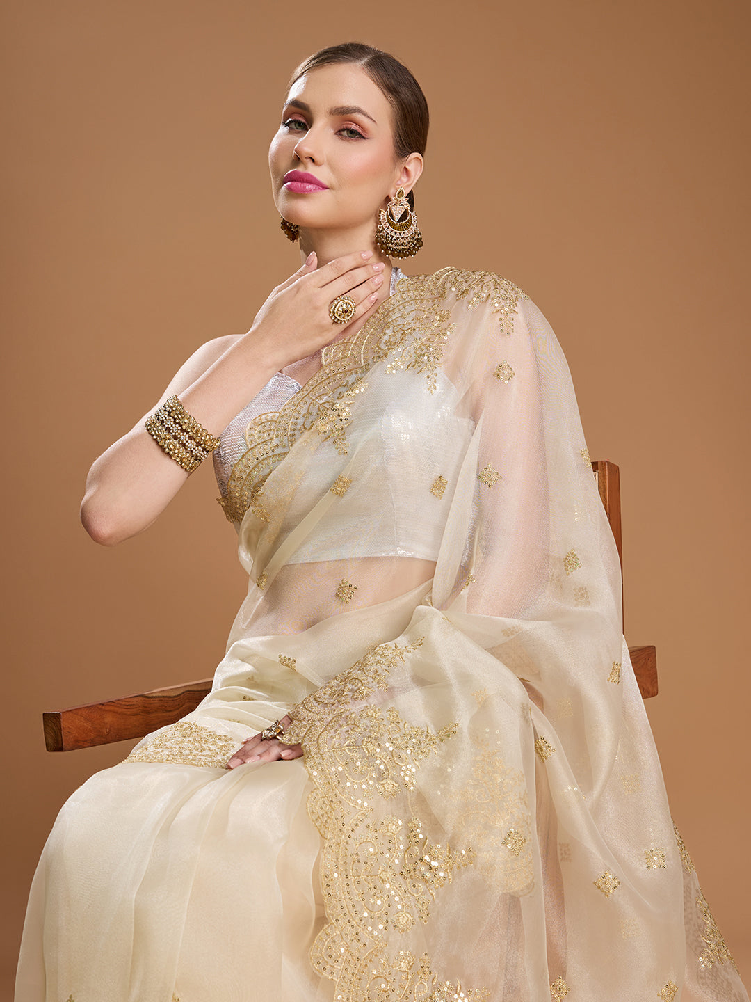Jyoti Fashion Women's Cream Net Sequins Embroidered Designer Saree with Blouse | Swadesiicart