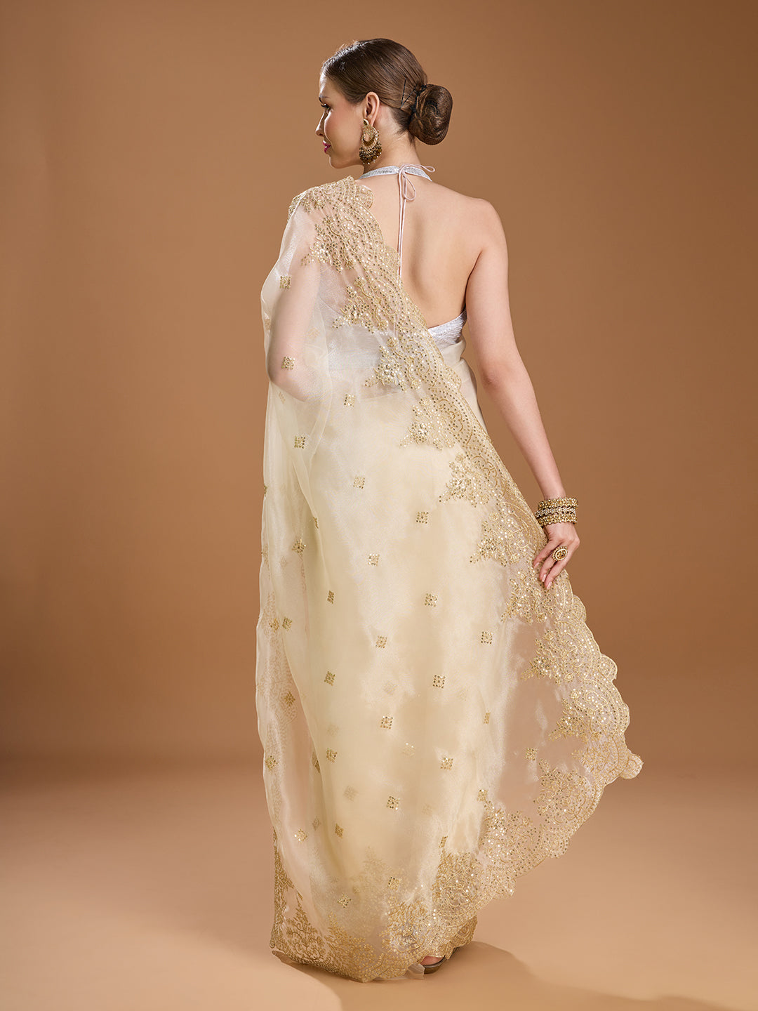 Jyoti Fashion Women's Cream Net Sequins Embroidered Designer Saree with Blouse | Swadesiicart