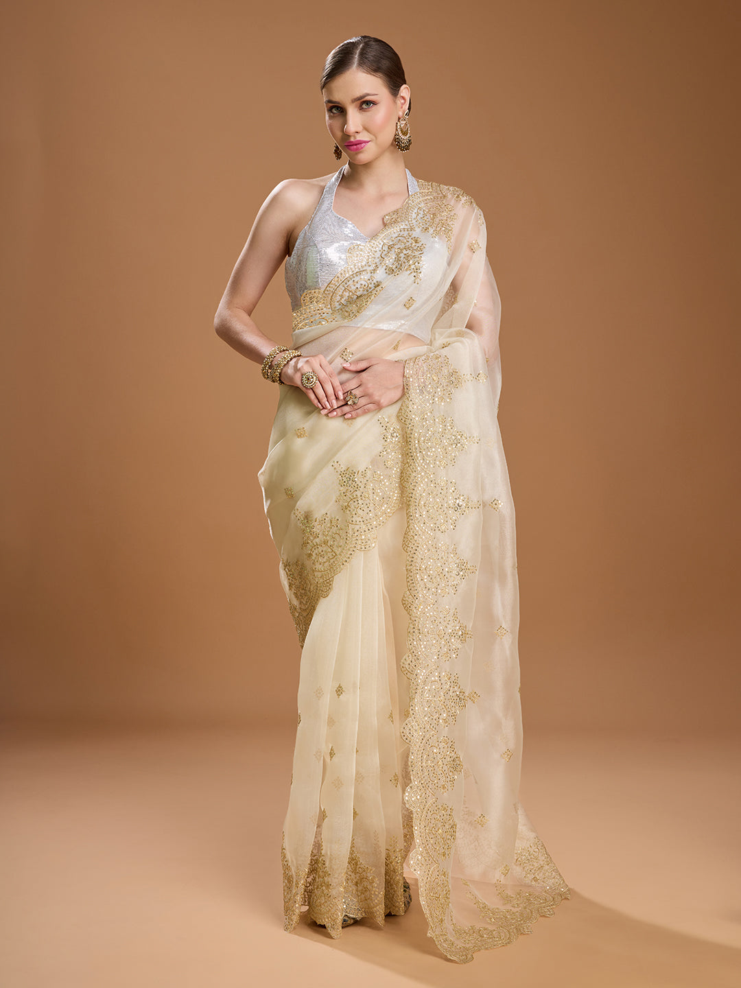 Jyoti Fashion Women's Cream Net Sequins Embroidered Designer Saree with Blouse | Swadesiicart