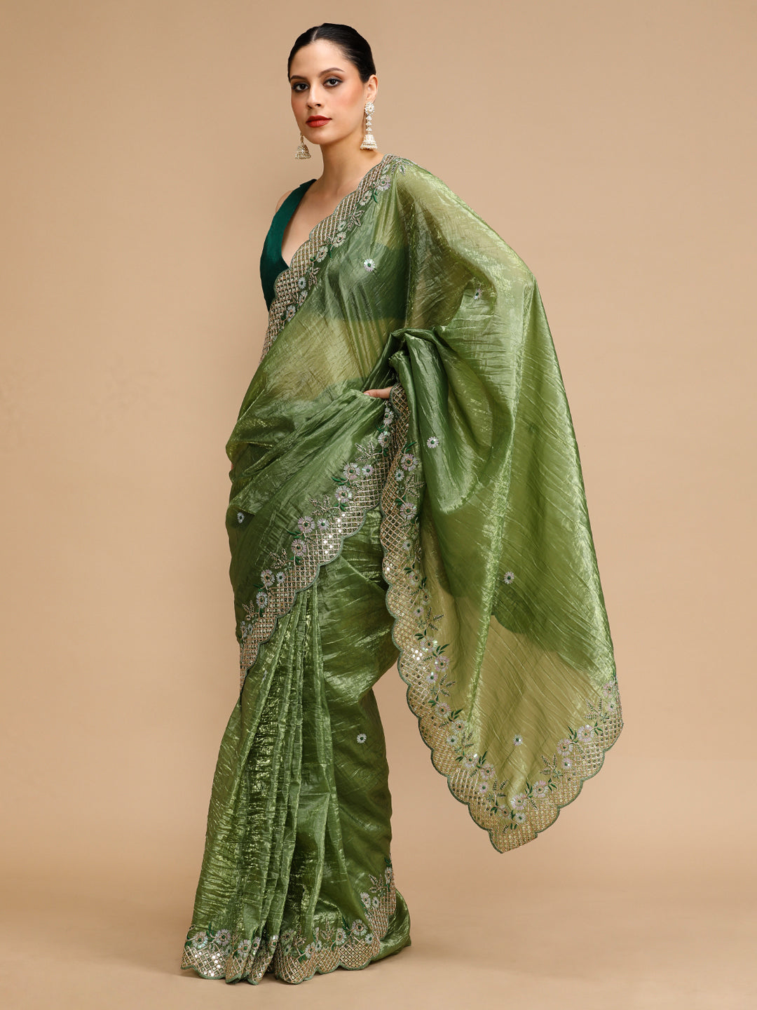 Jyoti Fashion Women's Mehendi Art Silk Sequins Embroidered Designer Saree with Blouse | Swadesiicart