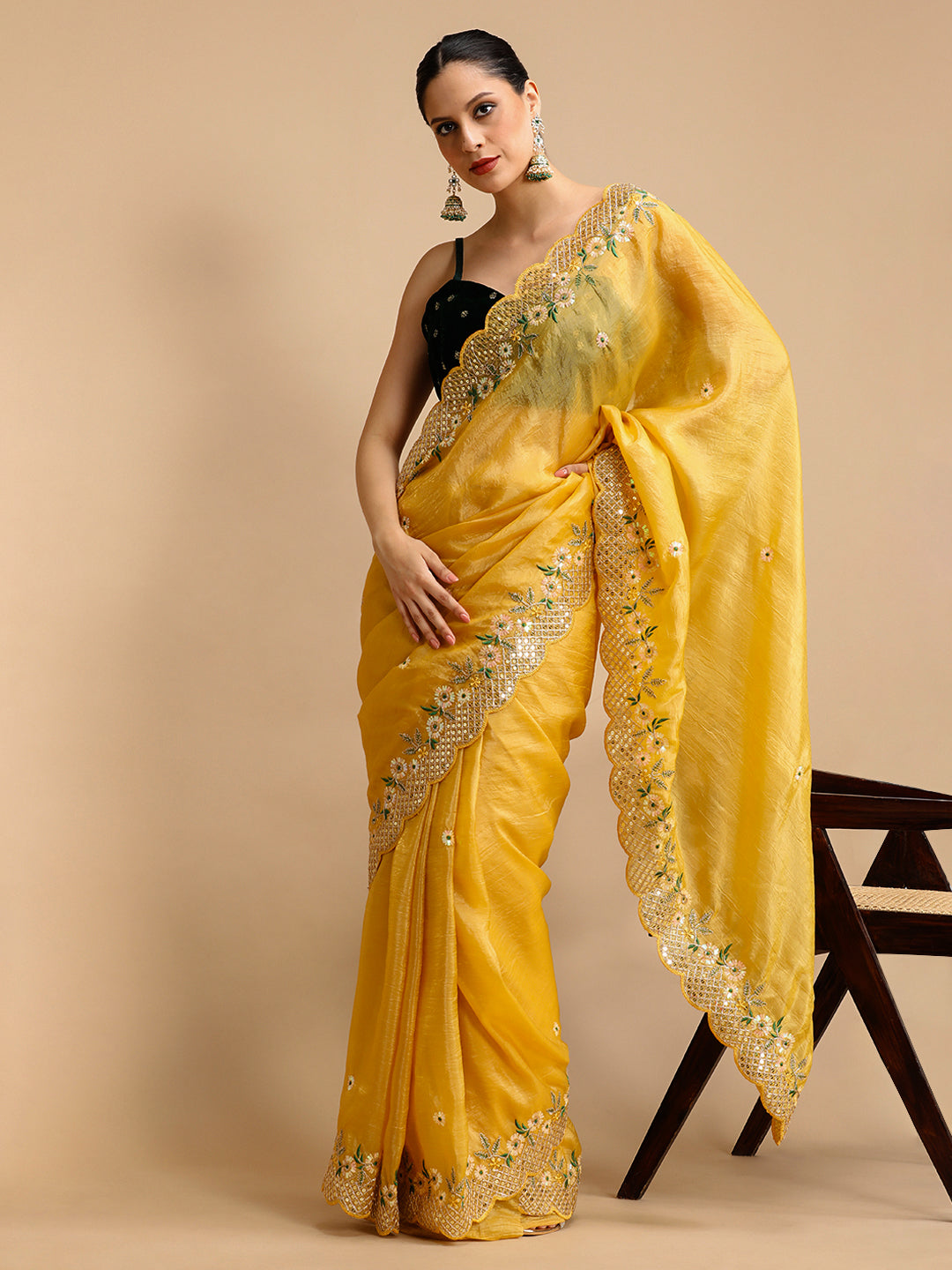 Jyoti Fashion Women's Yellow Art Silk Sequins Embroidered Designer Saree with Blouse | Swadesiicart