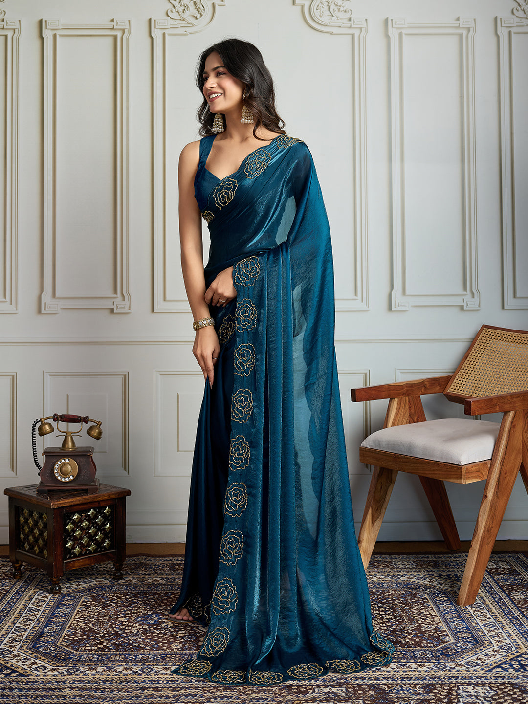 Jyoti Fashion Women's Morpich Fandy Satin Handwork Designer Saree with Blouse | Swadesiicart
