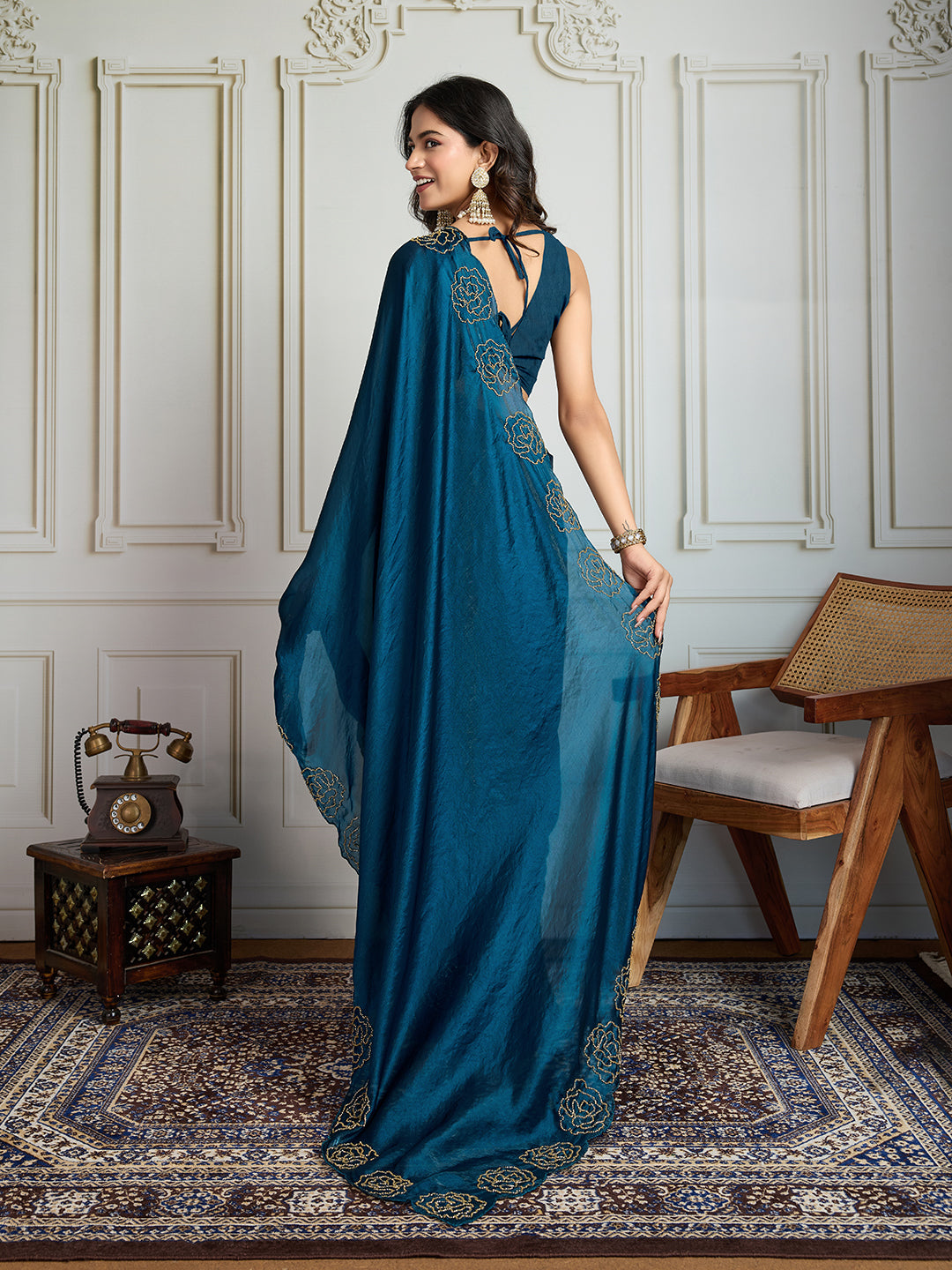 Jyoti Fashion Women's Morpich Fandy Satin Handwork Designer Saree with Blouse | Swadesiicart