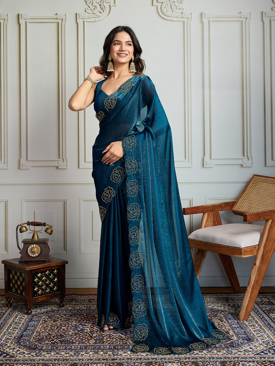 Jyoti Fashion Women's Morpich Fandy Satin Handwork Designer Saree with Blouse | Swadesiicart