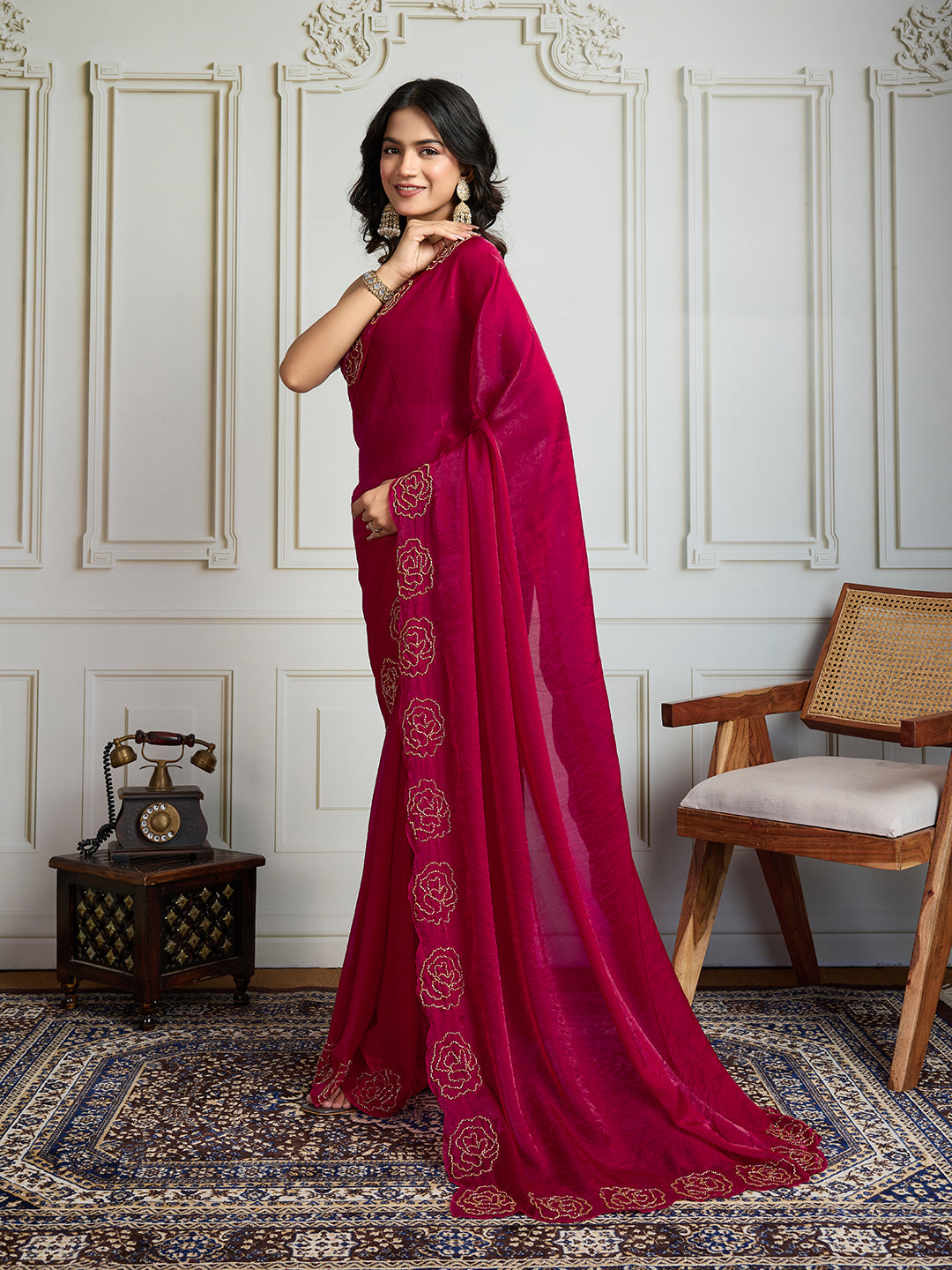 Jyoti Fashion Women's Rani Pink Fandy Satin Handwork Designer Saree with Blouse | Swadesiicart