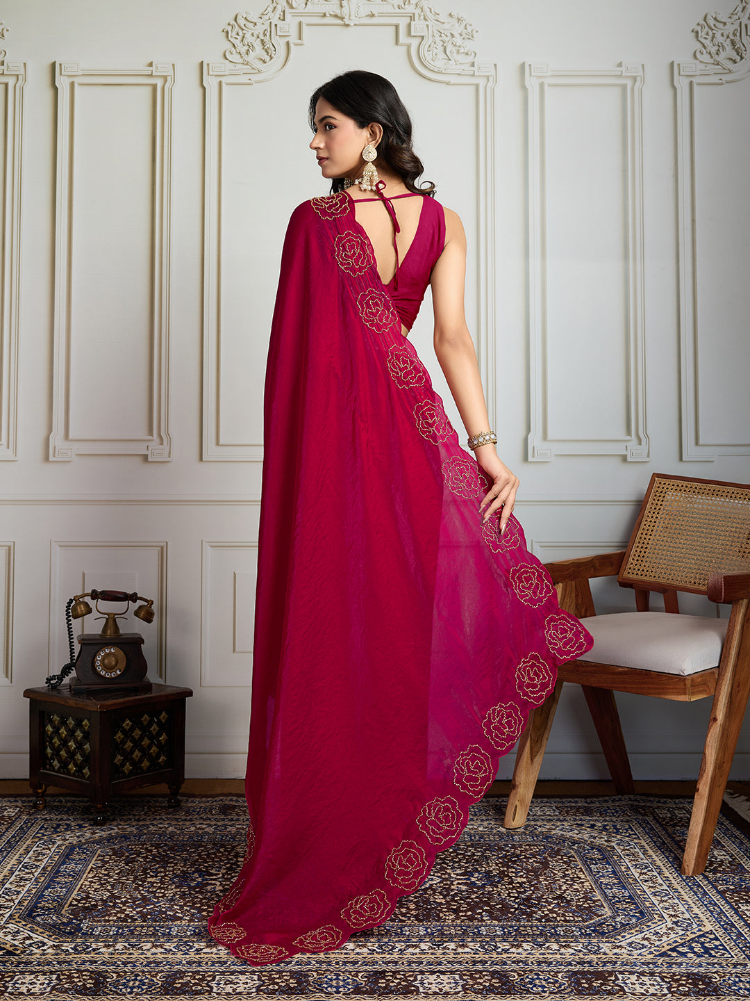 Jyoti Fashion Women's Rani Pink Fandy Satin Handwork Designer Saree with Blouse | Swadesiicart