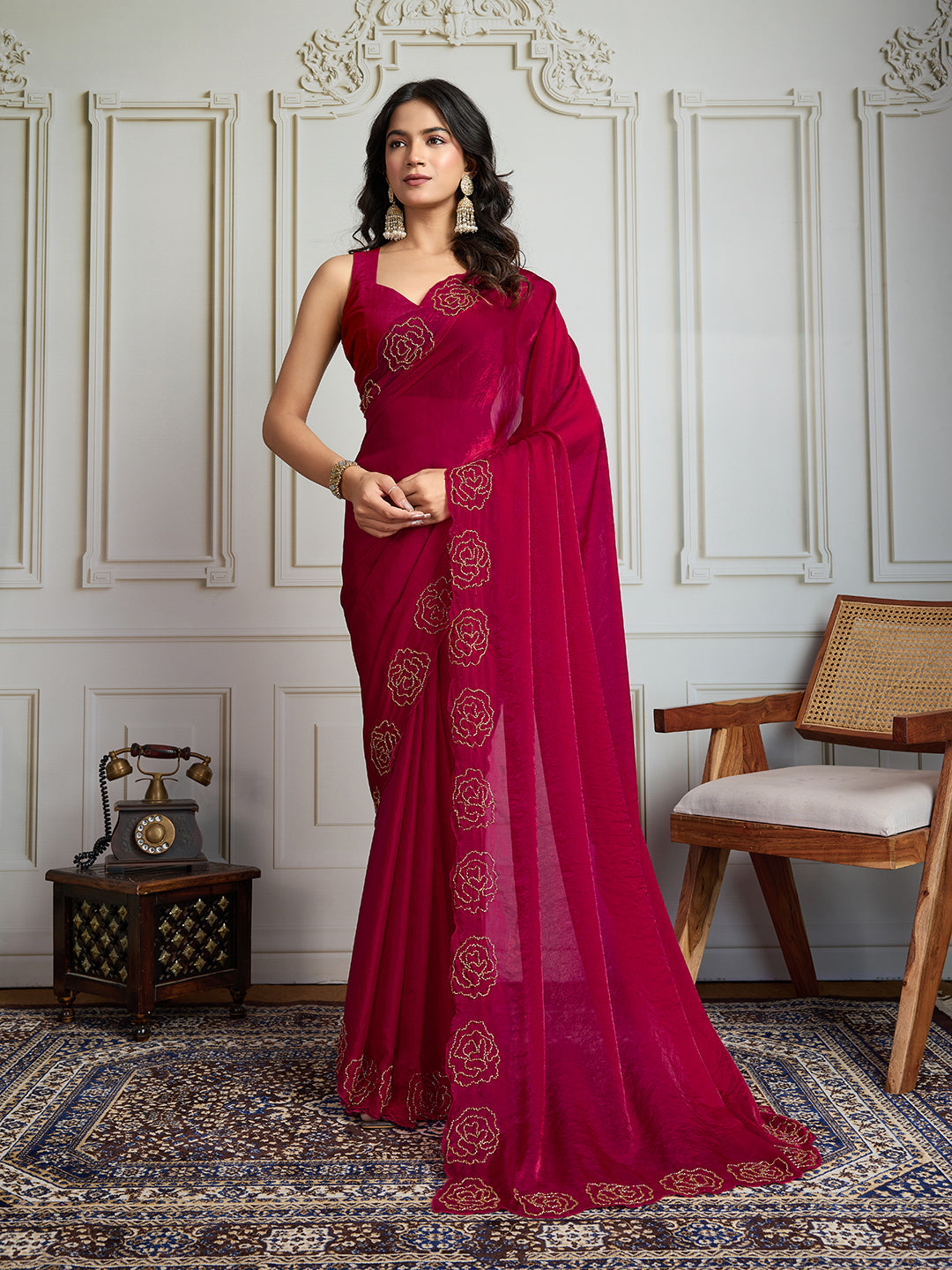 Jyoti Fashion Women's Rani Pink Fandy Satin Handwork Designer Saree with Blouse | Swadesiicart