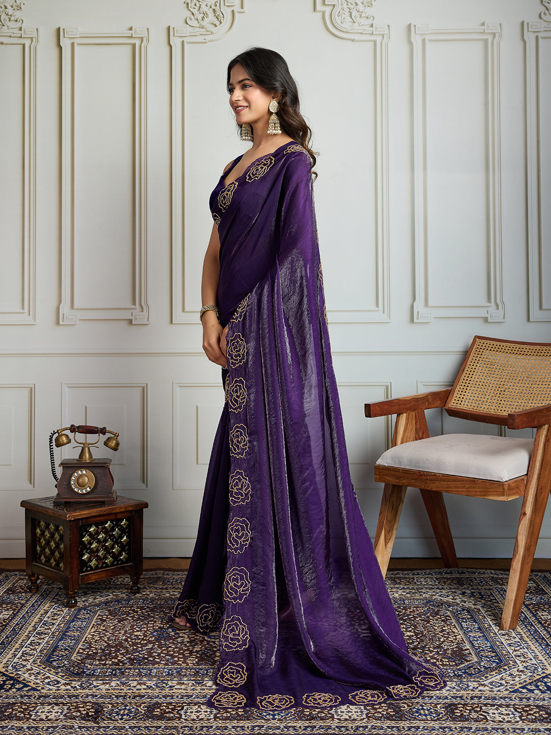 Jyoti Fashion Women's Purple Fandy Satin Handwork Designer Saree with Blouse | Swadesiicart