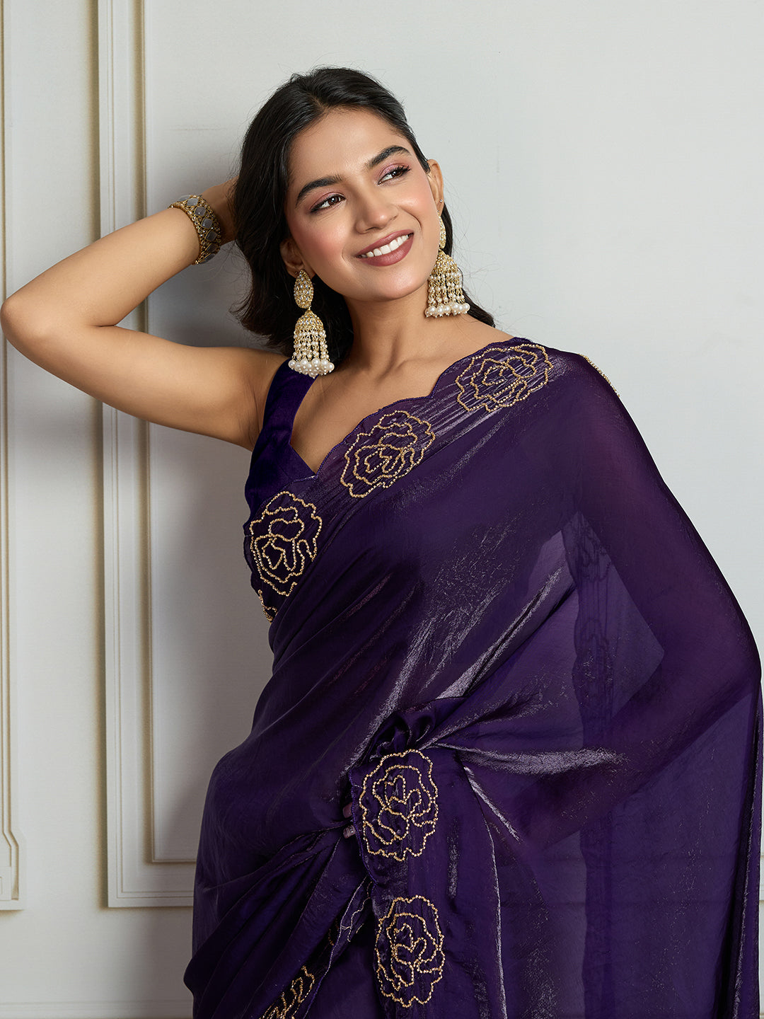 Jyoti Fashion Women's Purple Fandy Satin Handwork Designer Saree with Blouse | Swadesiicart