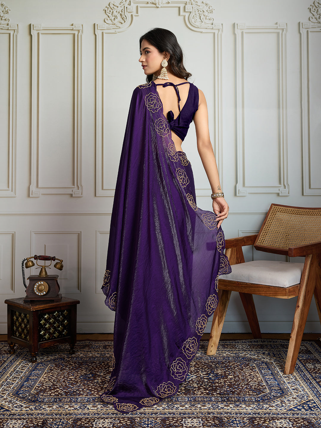 Jyoti Fashion Women's Purple Fandy Satin Handwork Designer Saree with Blouse | Swadesiicart