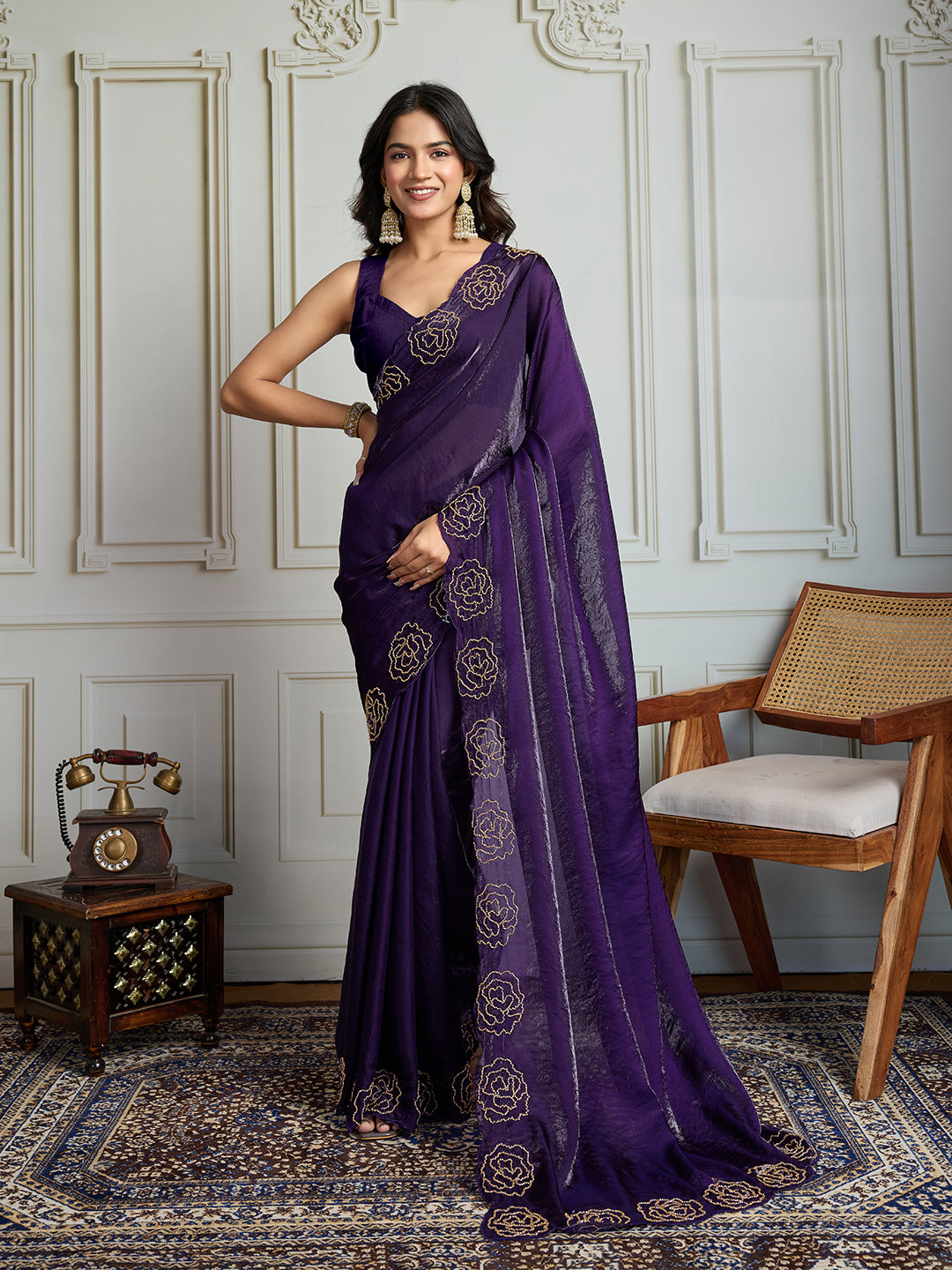 Jyoti Fashion Women's Purple Fandy Satin Handwork Designer Saree with Blouse | Swadesiicart