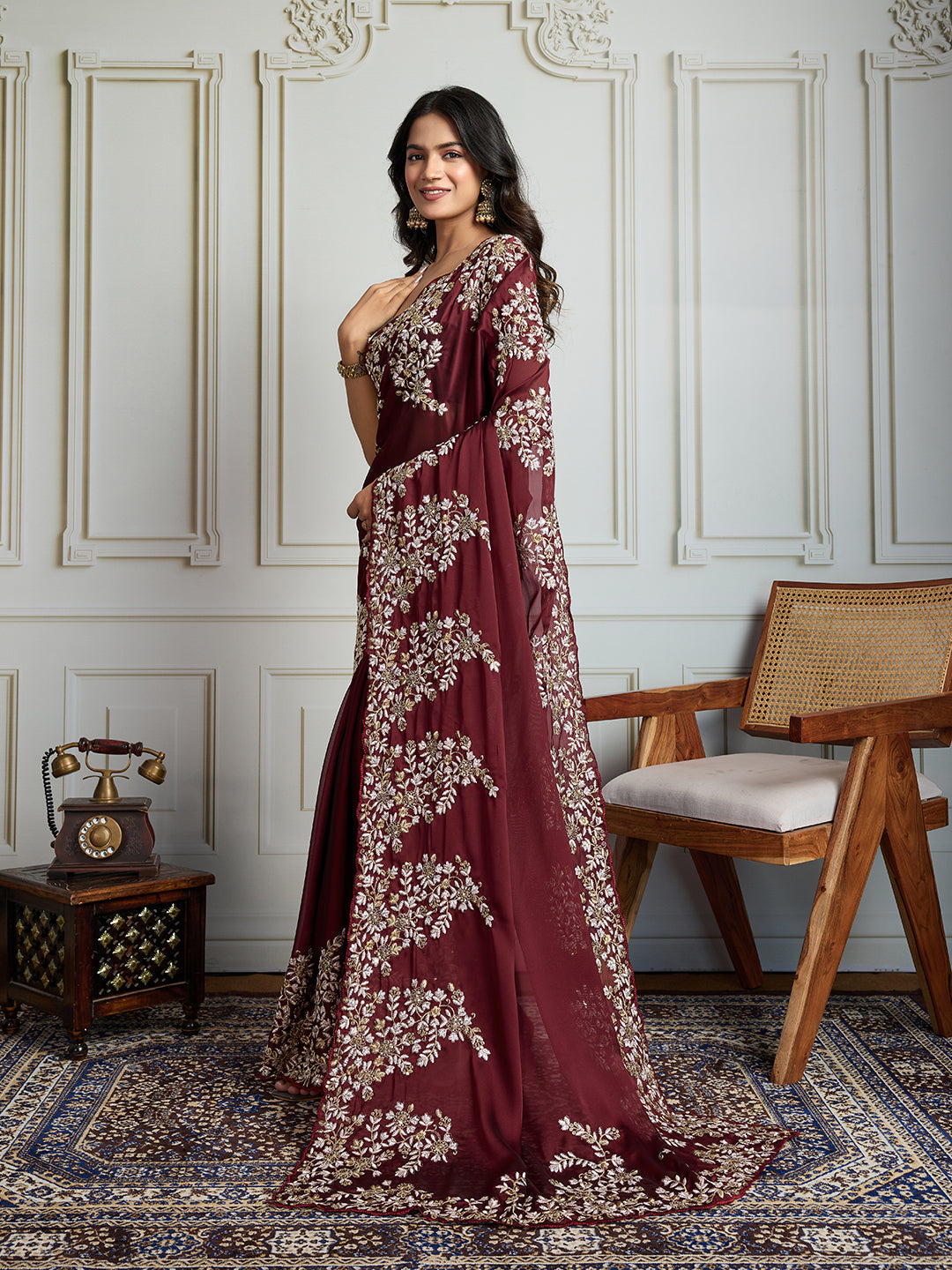 Jyoti Fashion Women's Maroon Rangoli Silk Embroidered Designer Saree with Blouse | Swadesiicart