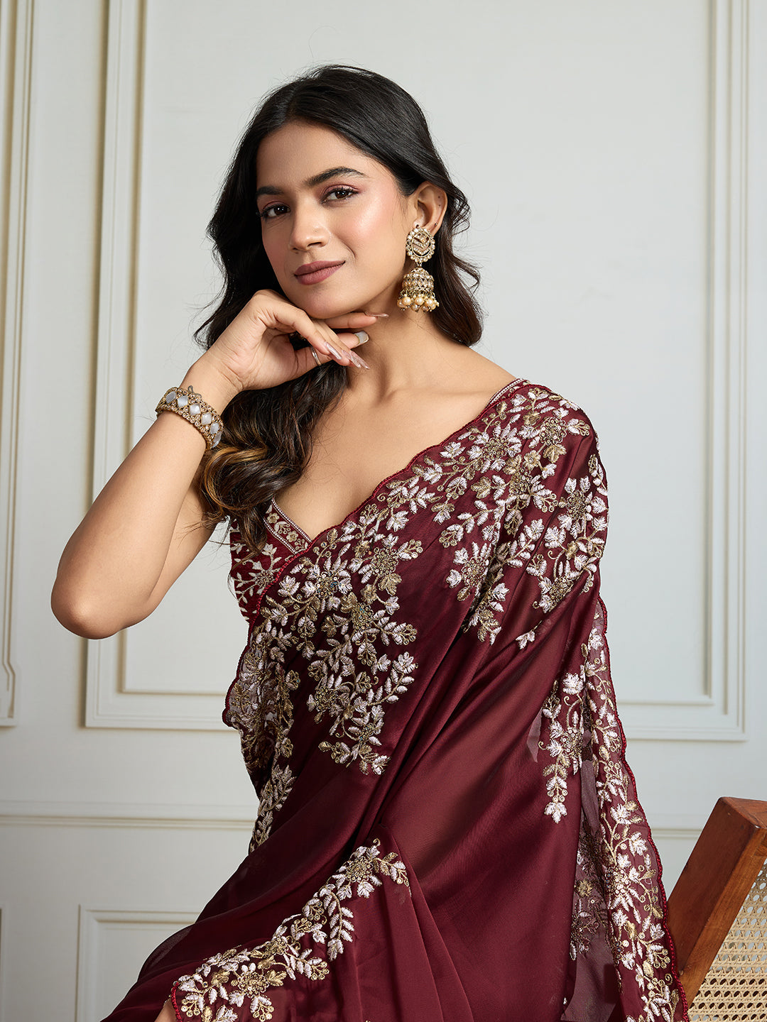 Jyoti Fashion Women's Maroon Rangoli Silk Embroidered Designer Saree with Blouse | Swadesiicart
