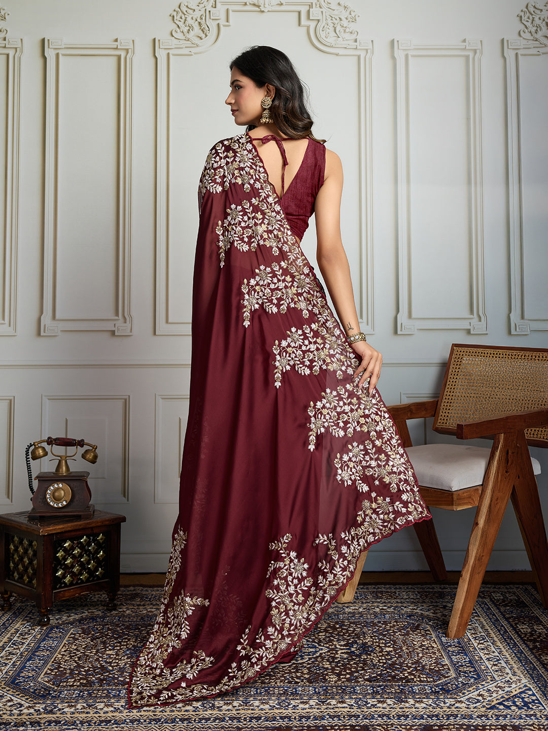 Jyoti Fashion Women's Maroon Rangoli Silk Embroidered Designer Saree with Blouse | Swadesiicart