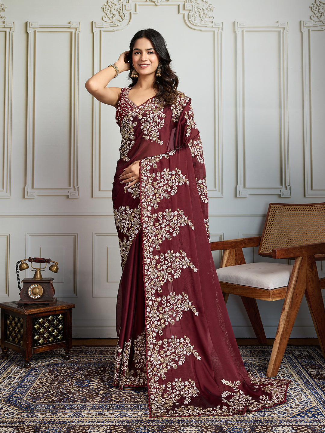 Jyoti Fashion Women's Maroon Rangoli Silk Embroidered Designer Saree with Blouse | Swadesiicart