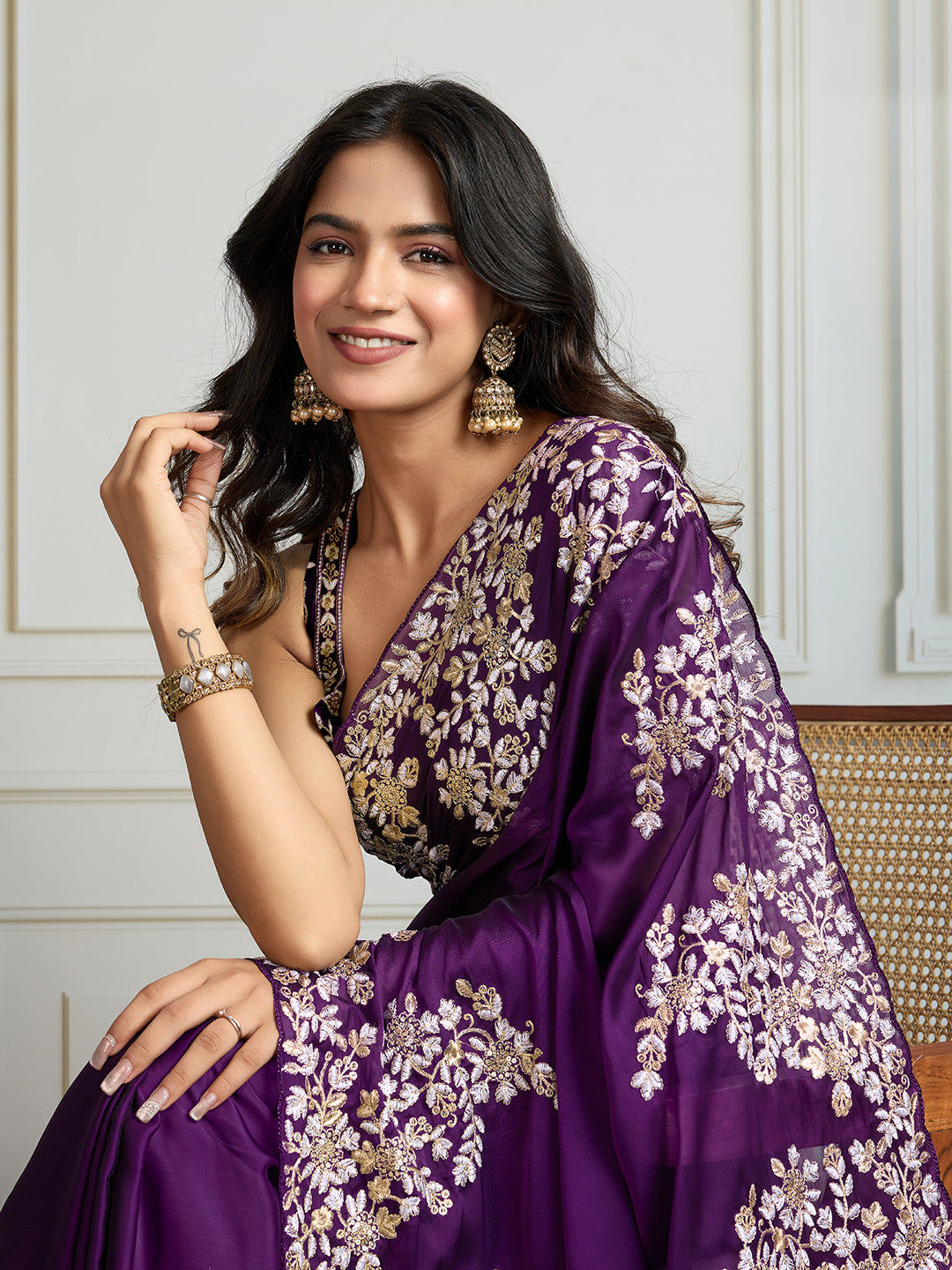 Jyoti Fashion Women's Purple Rangoli Silk Embroidered Designer Saree with Blouse | Swadesiicart