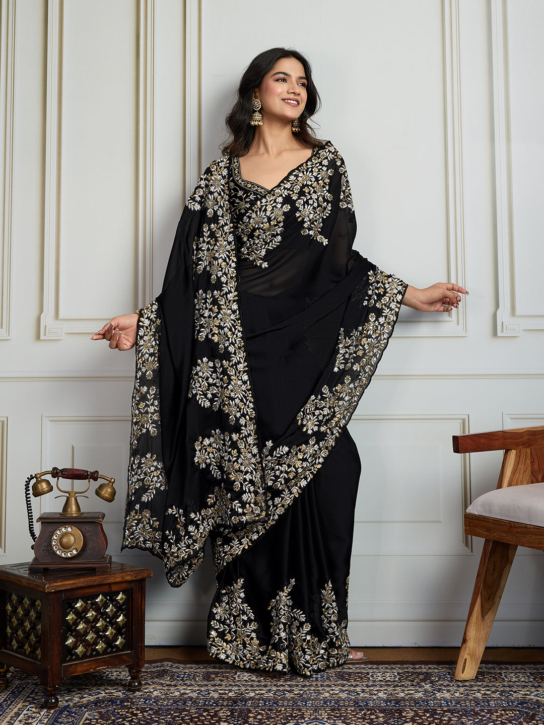 Jyoti Fashion Women's Black Rangoli Silk Embroidered Designer Saree with Blouse | Swadesiicart