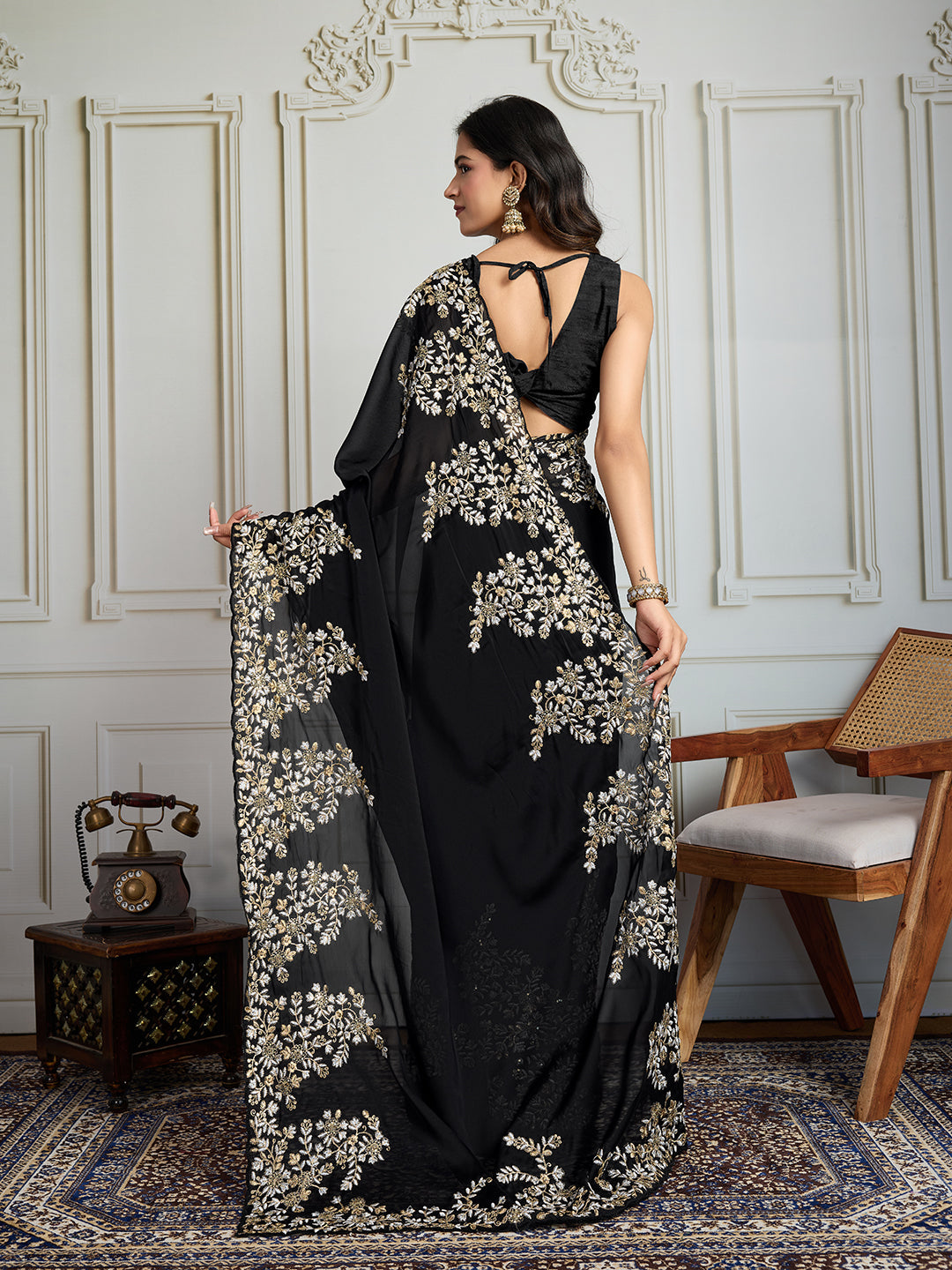 Jyoti Fashion Women's Black Rangoli Silk Embroidered Designer Saree with Blouse | Swadesiicart