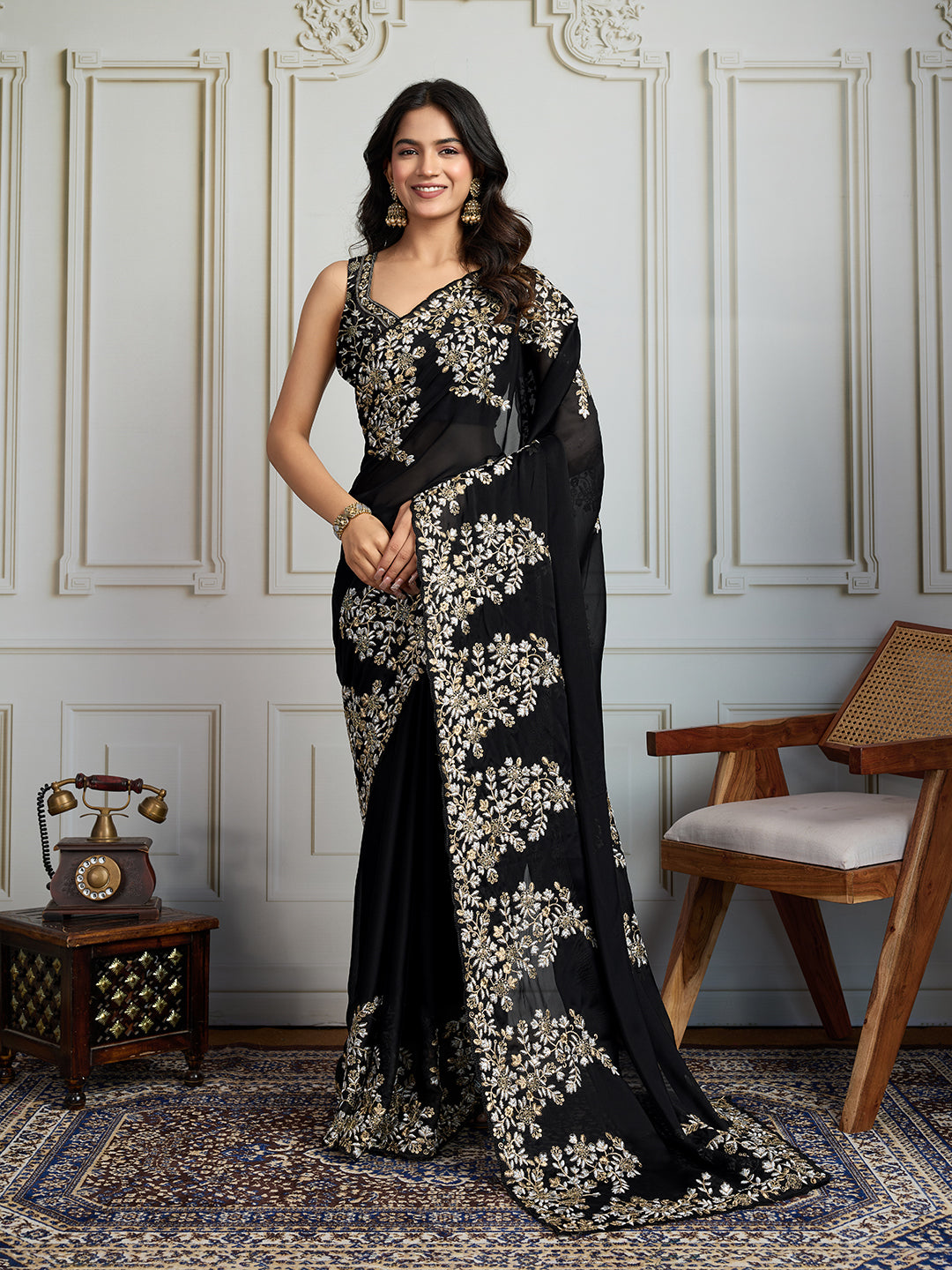 Jyoti Fashion Women's Black Rangoli Silk Embroidered Designer Saree with Blouse | Swadesiicart