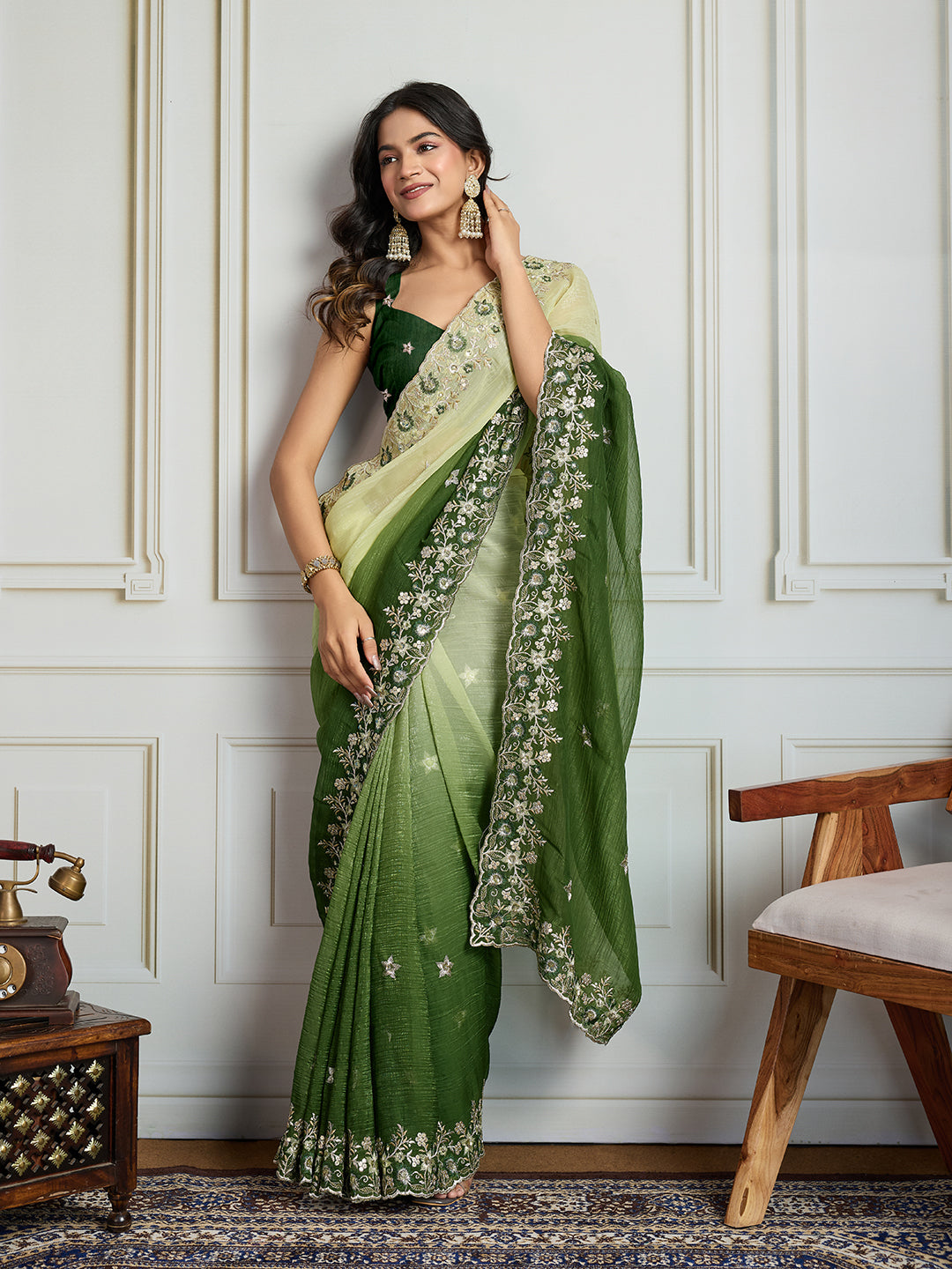 Jyoti Fashion Women's Green Soft Crush Embroidered Designer Saree with Blouse | Swadesiicart