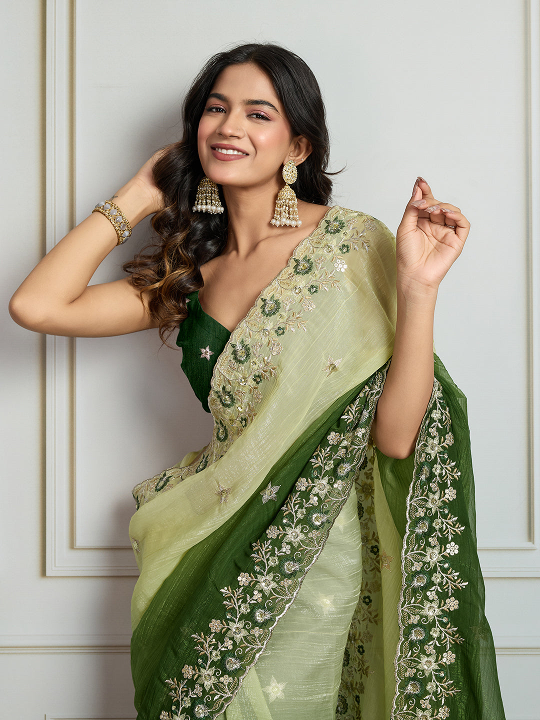 Jyoti Fashion Women's Green Soft Crush Embroidered Designer Saree with Blouse | Swadesiicart