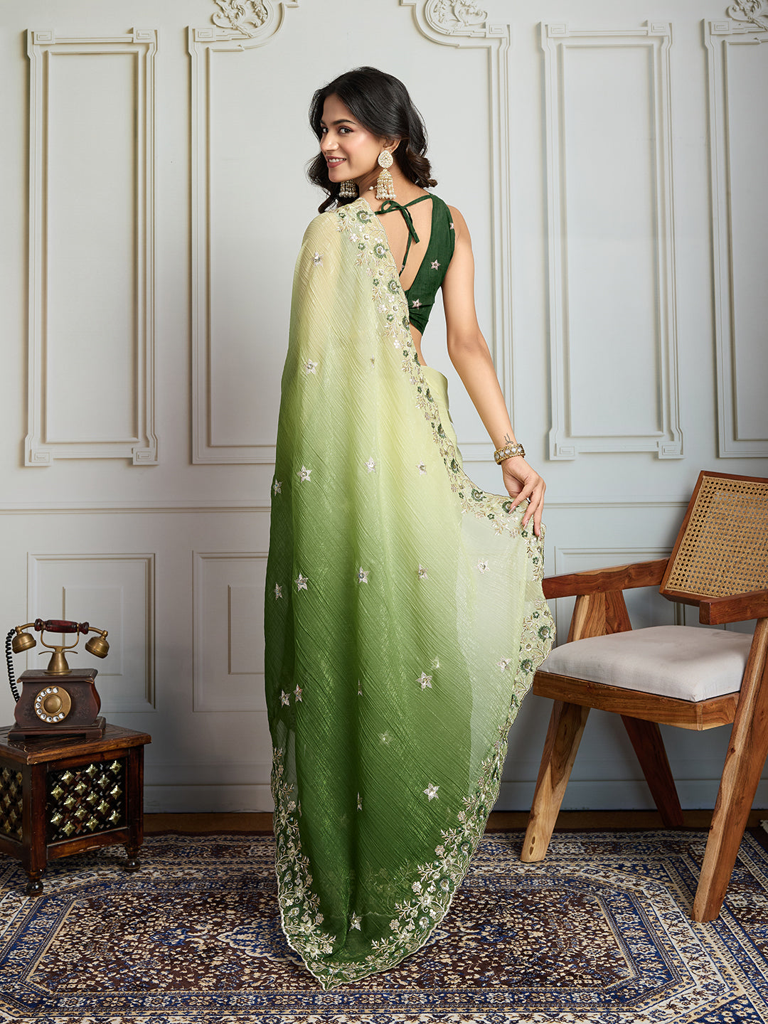 Jyoti Fashion Women's Green Soft Crush Embroidered Designer Saree with Blouse | Swadesiicart