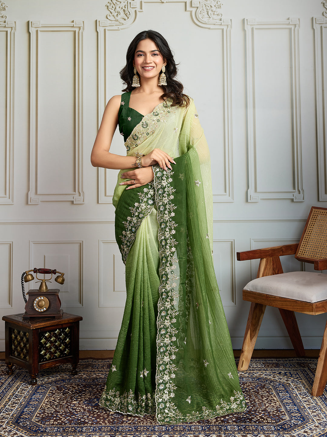 Jyoti Fashion Women's Green Soft Crush Embroidered Designer Saree with Blouse | Swadesiicart