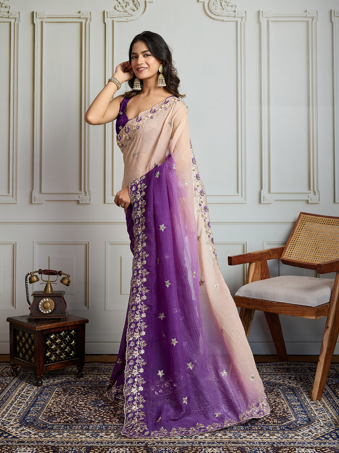 Jyoti Fashion Women's Purple Soft Crush Embroidered Designer Saree with Blouse | Swadesiicart