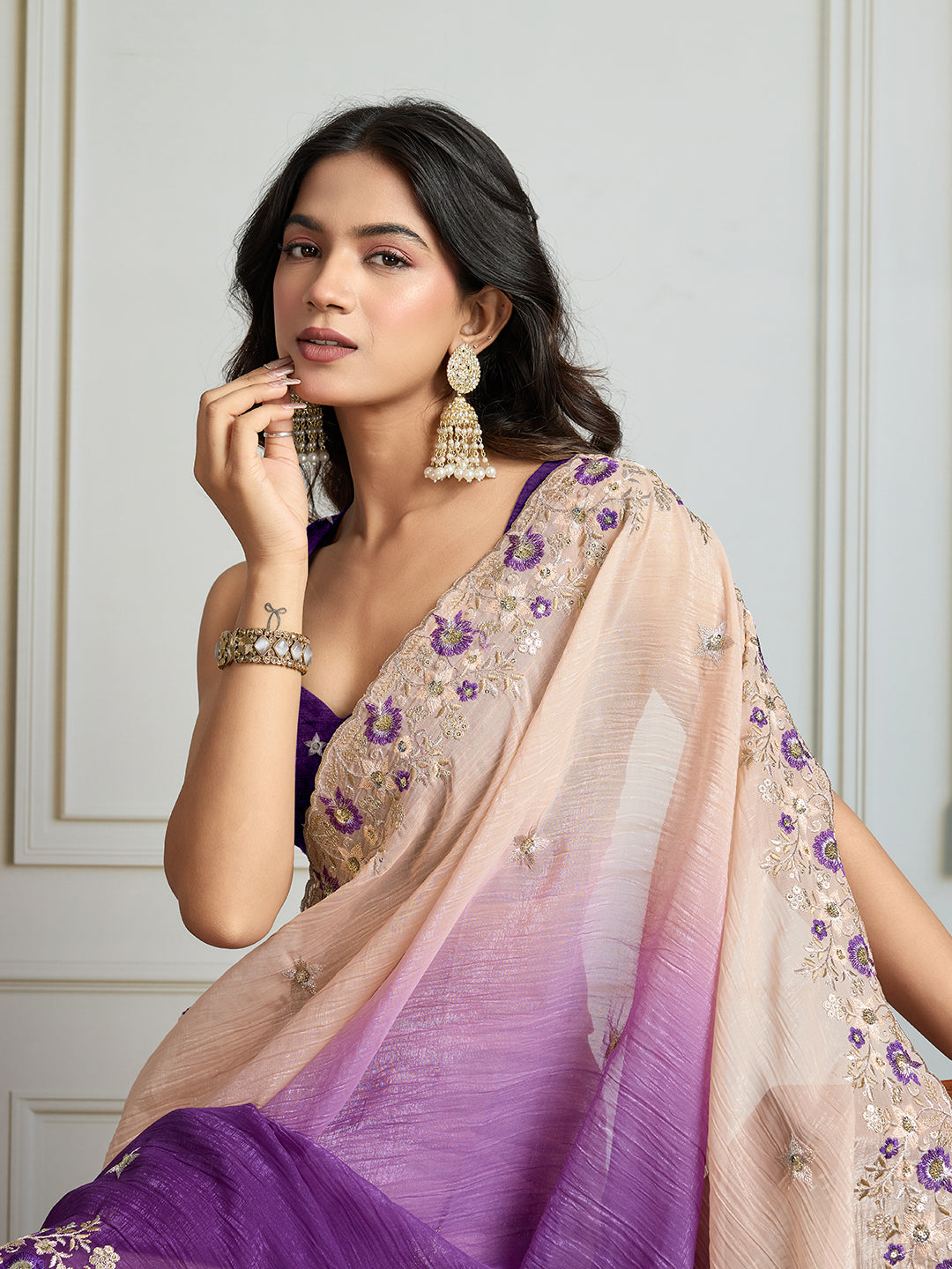 Jyoti Fashion Women's Purple Soft Crush Embroidered Designer Saree with Blouse | Swadesiicart