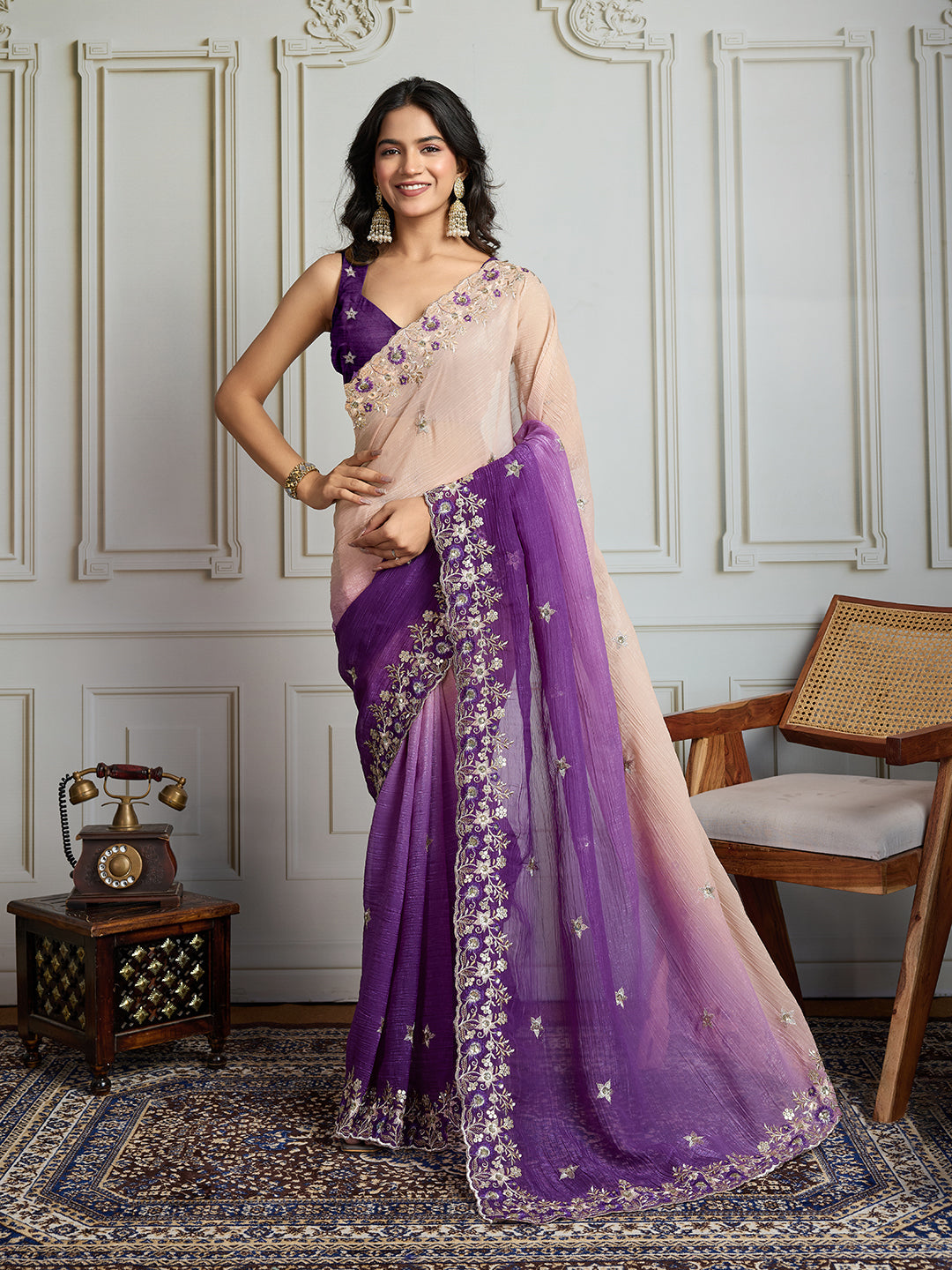 Jyoti Fashion Women's Purple Soft Crush Embroidered Designer Saree with Blouse | Swadesiicart